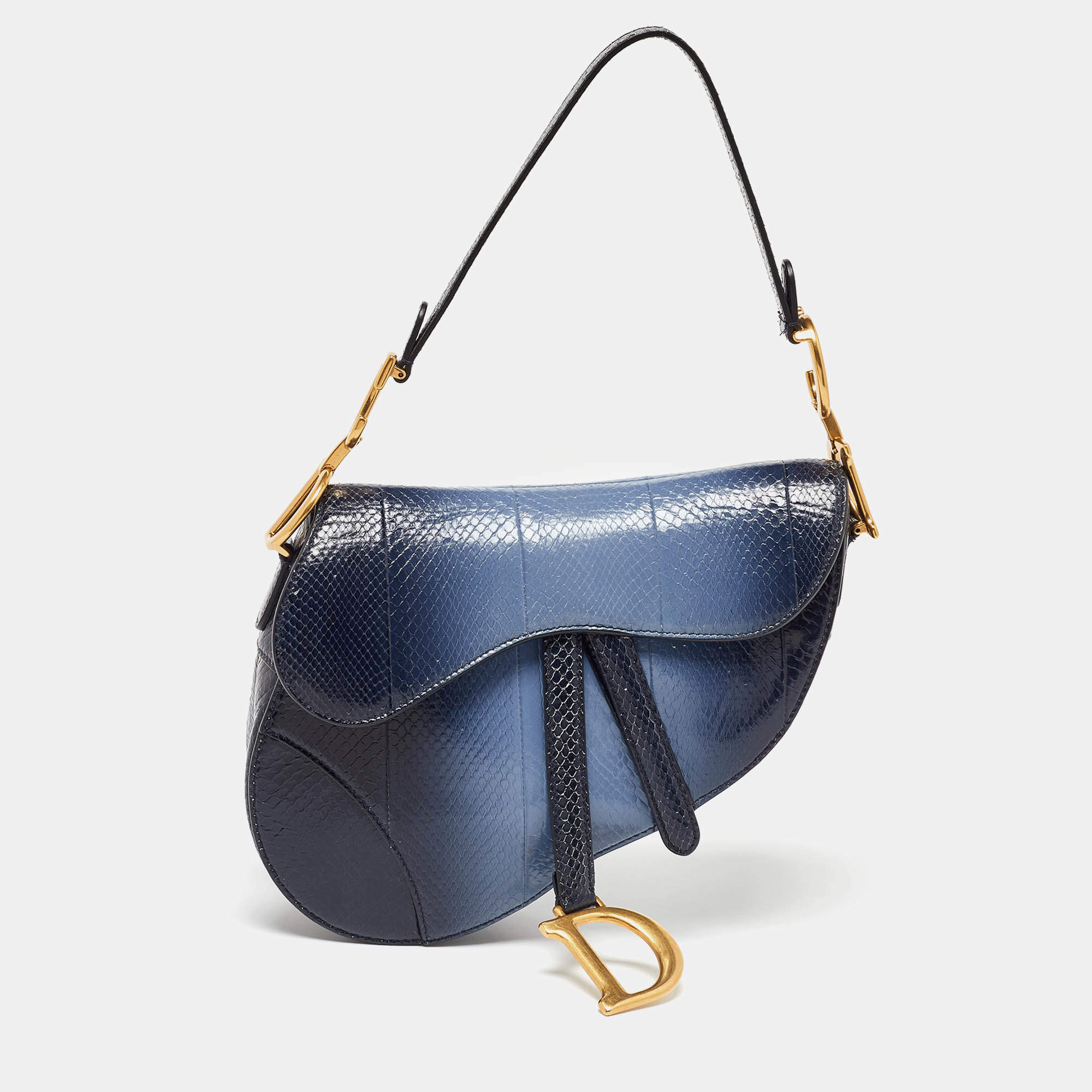 Pre Owned Dior Navy Blue Snakeskin Leather Classic Saddle Bag