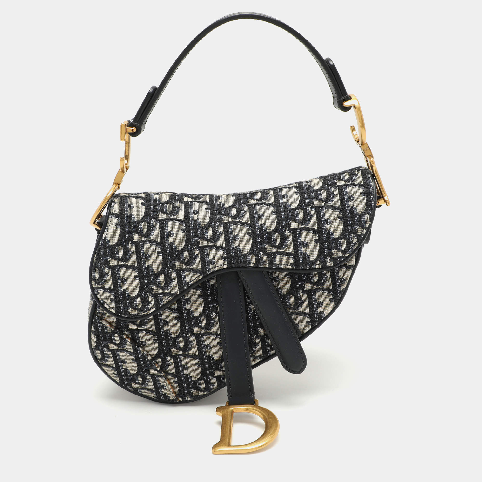 Pre Owned Dior Navy Blue Oblique Canvas and Leather Mini Saddle Bag