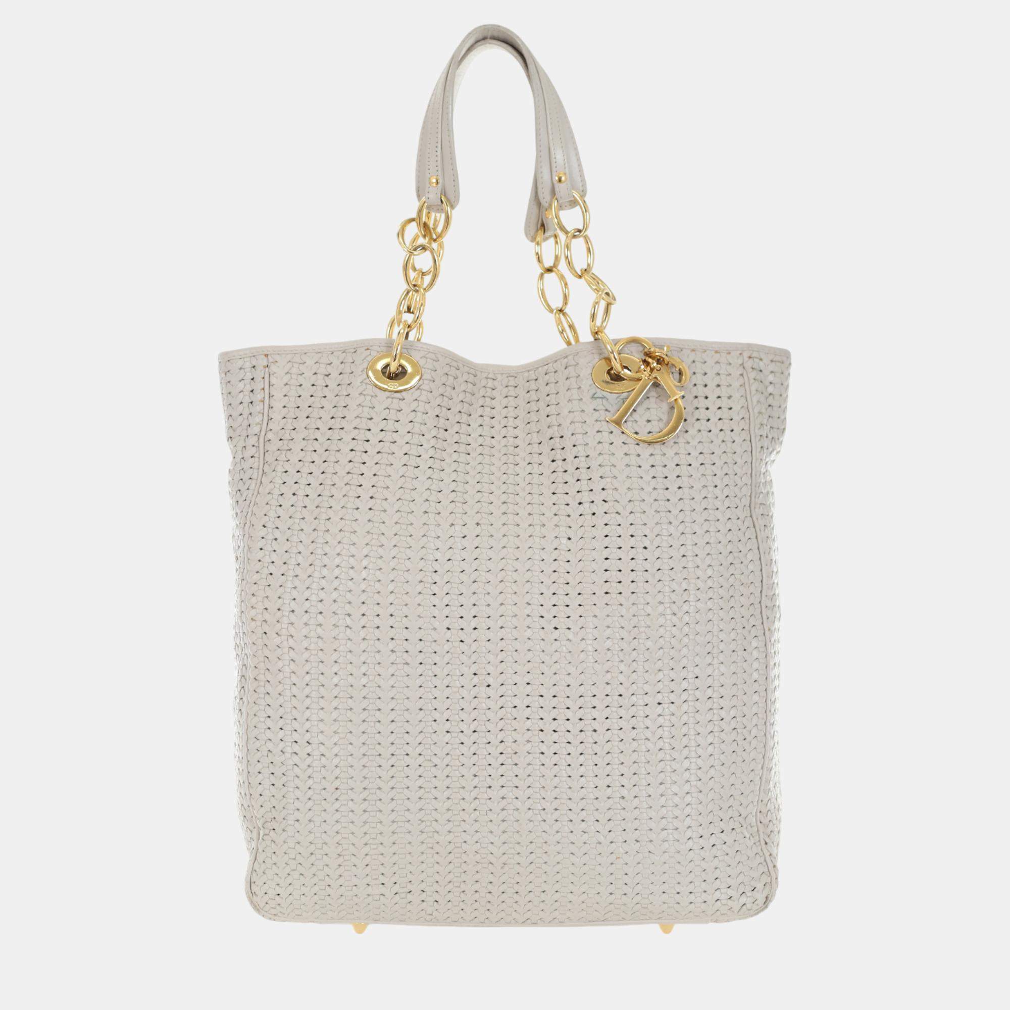 Dior White Woven Leather Soft Lady Dior Shopping Tote Bag