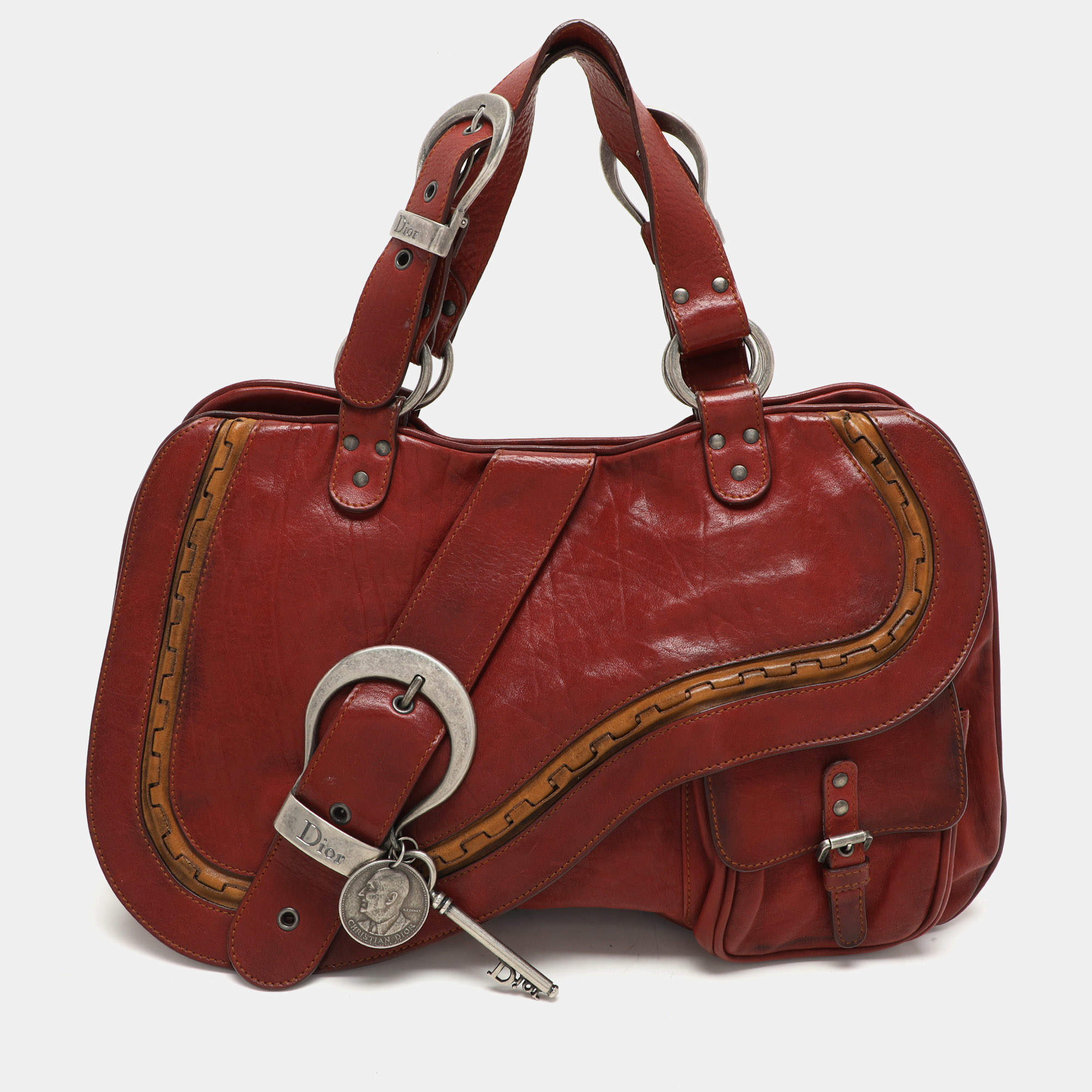 Pre Owned Dior Burgundy Leather Gaucho Double Saddle Shoulder Bag