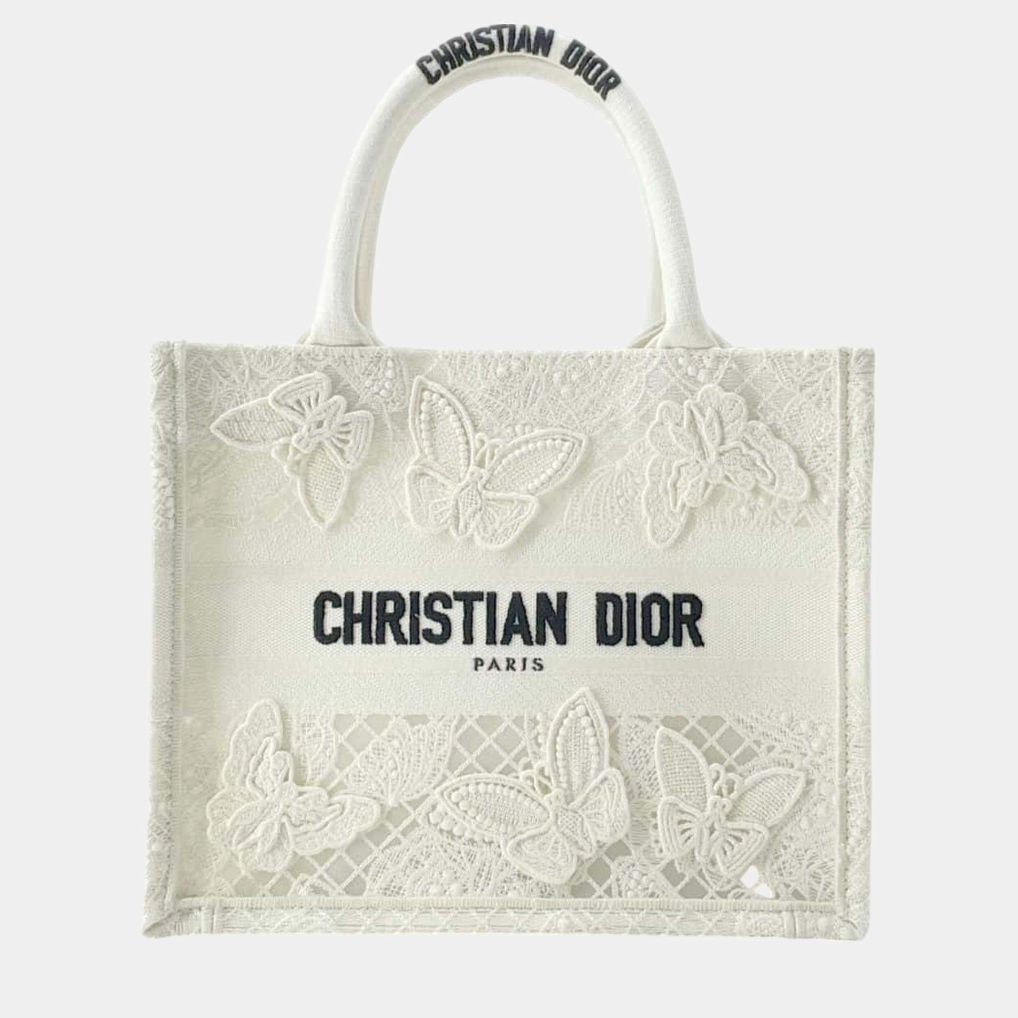 Christian Dior Book Tote Butterfly Embroidery Small White Handbag