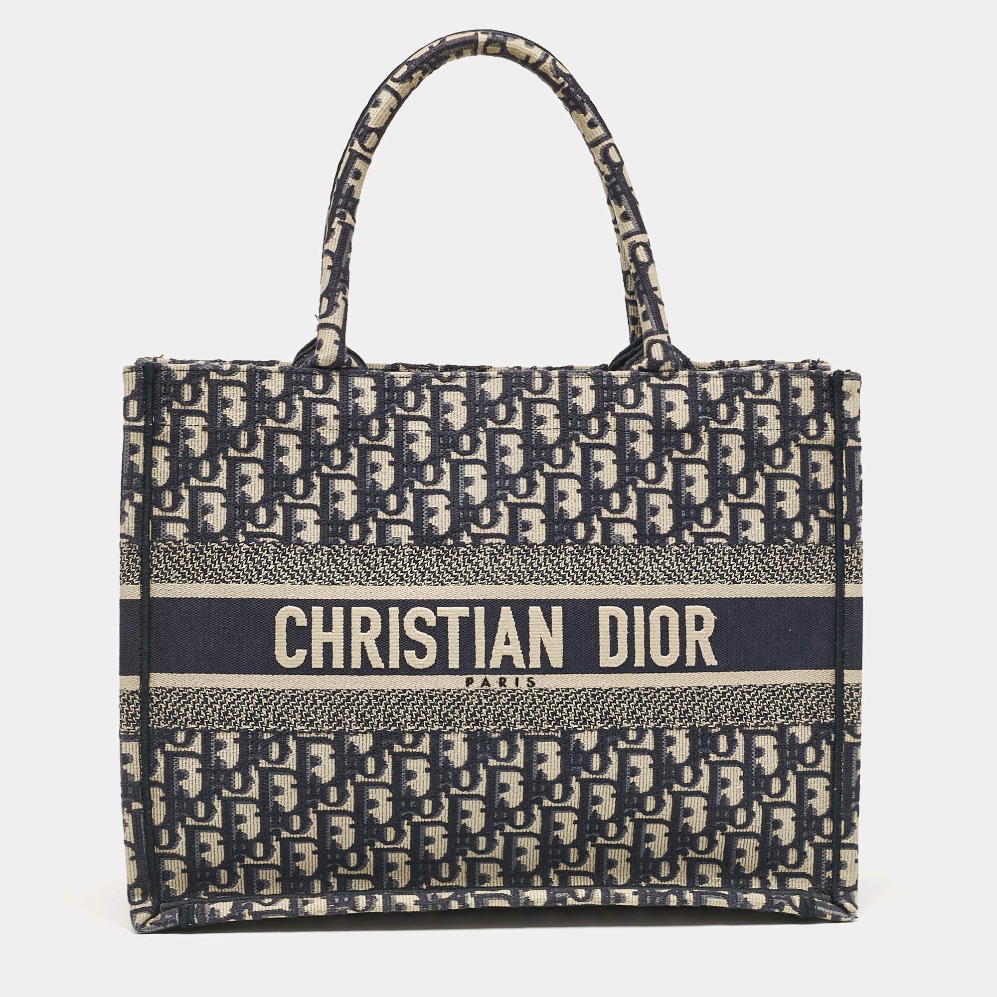 Pre Owned Dior Navy Blue Oblique Embroidered Canvas Medium Book Tote