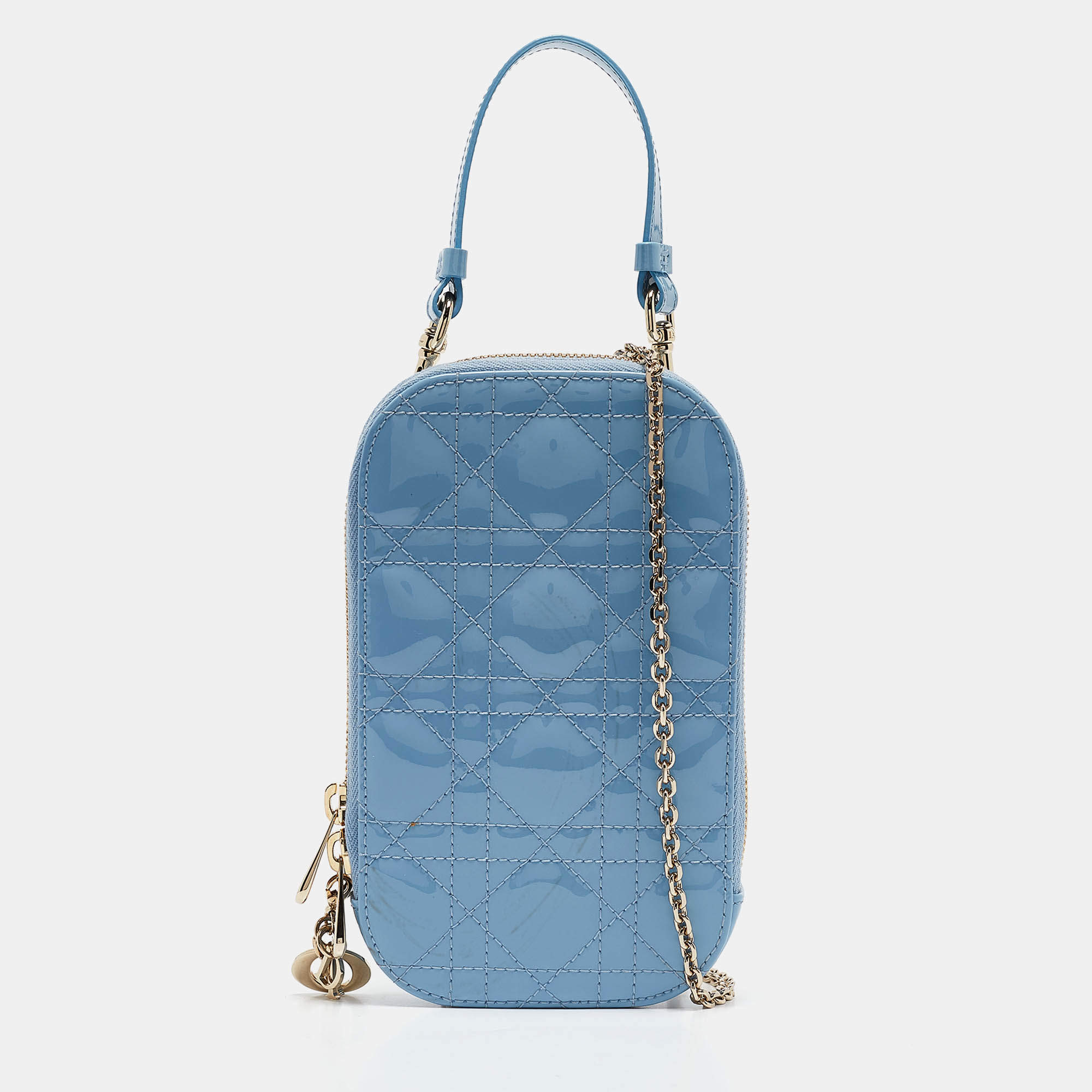Pre Owned Dior Light Blue Cannage Patent Leather Lady Dior Phone Chain Holder