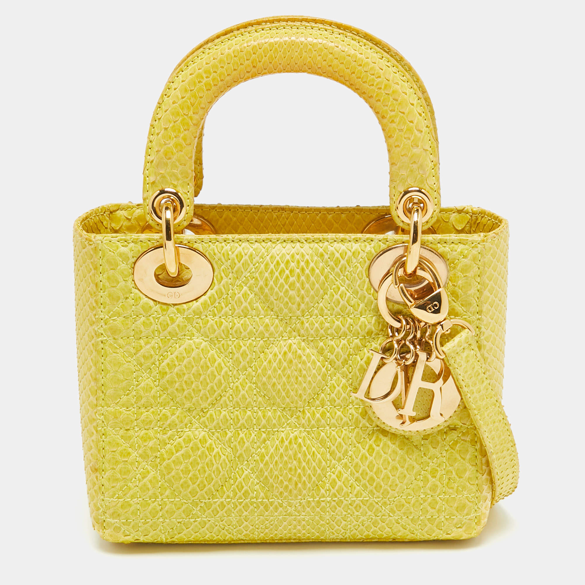 Pre Owned Dior Yellow Python Mini Lady Dior Tote