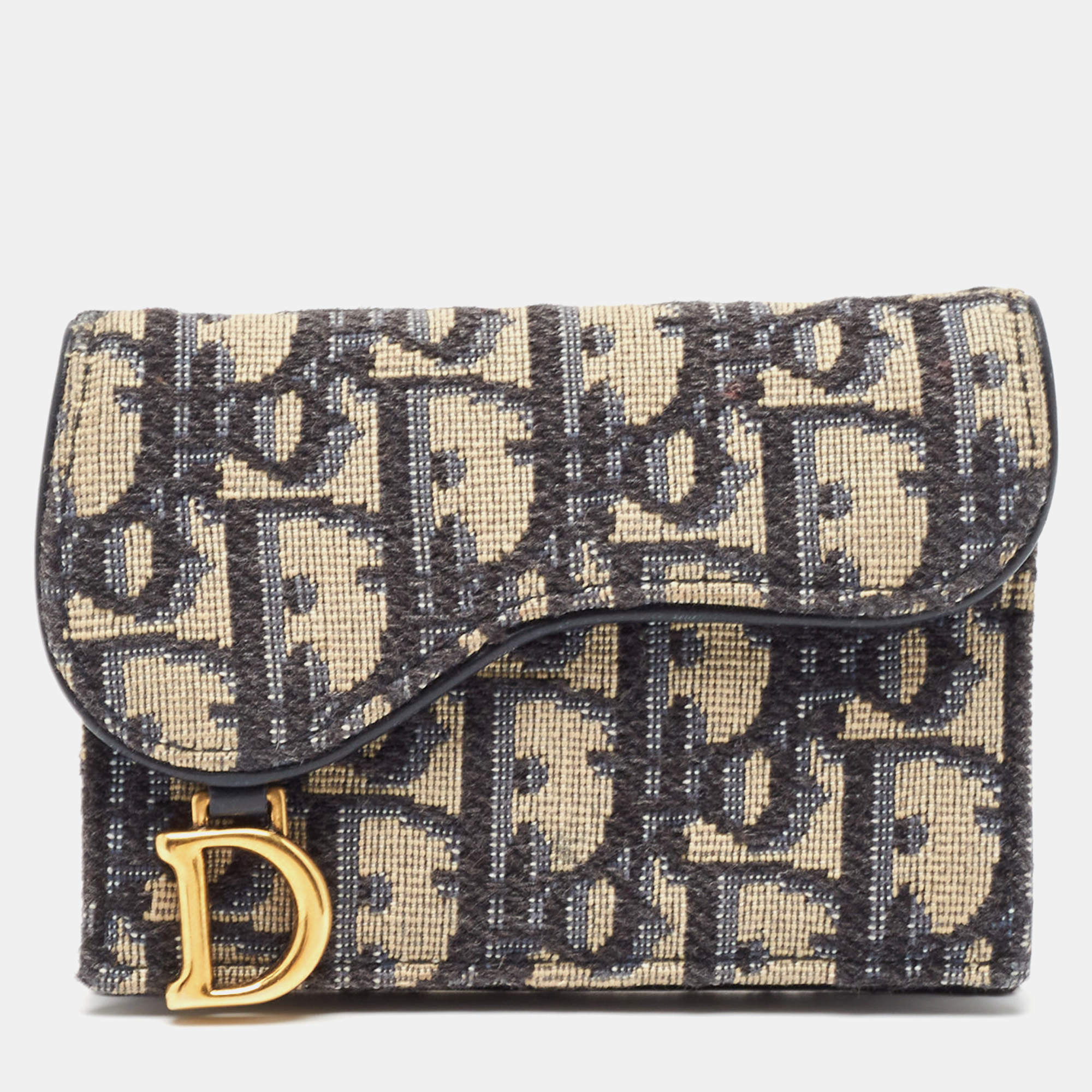 Pre Owned Dior Navy Blue Oblique Canvas and Leather Saddle Wallet