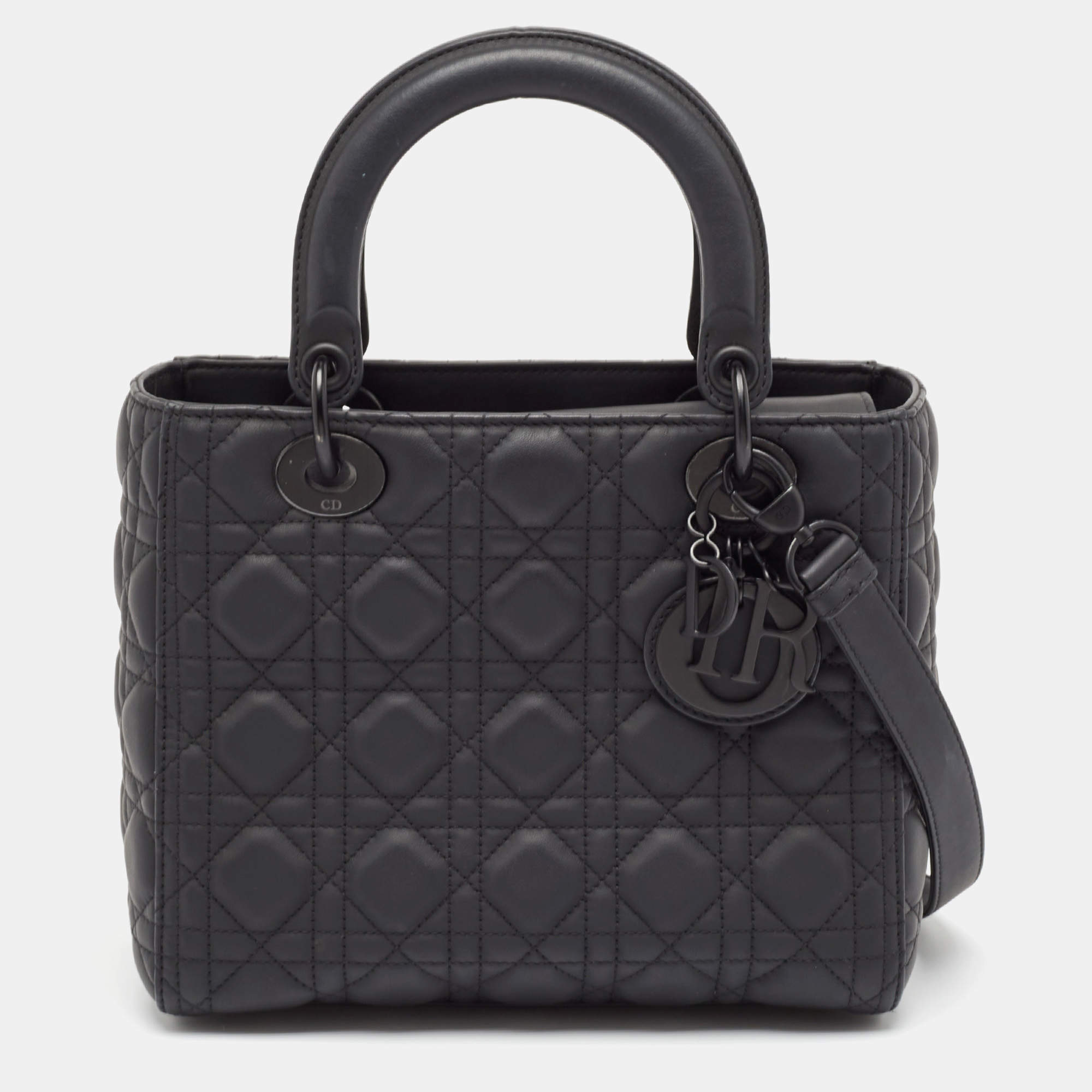 Pre Owned Dior Black Cannage Leather Ultra Matte Medium Lady Dior Tote