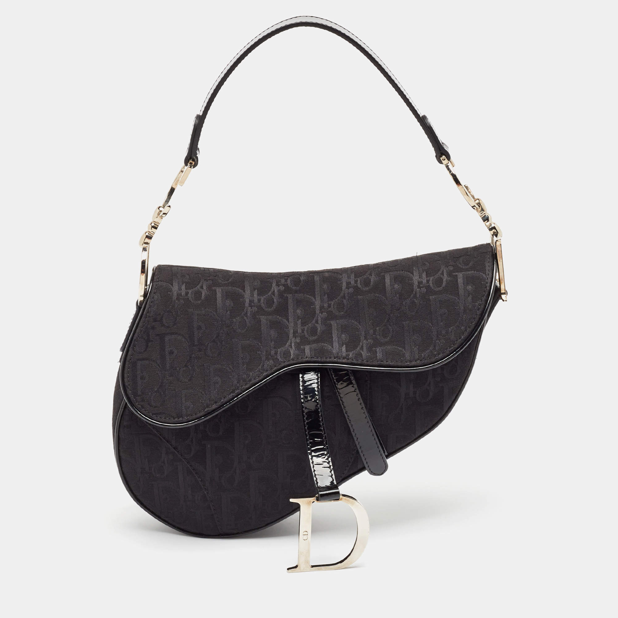 Dior Black Oblique Canvas and Patent Leather XS Saddle Bag