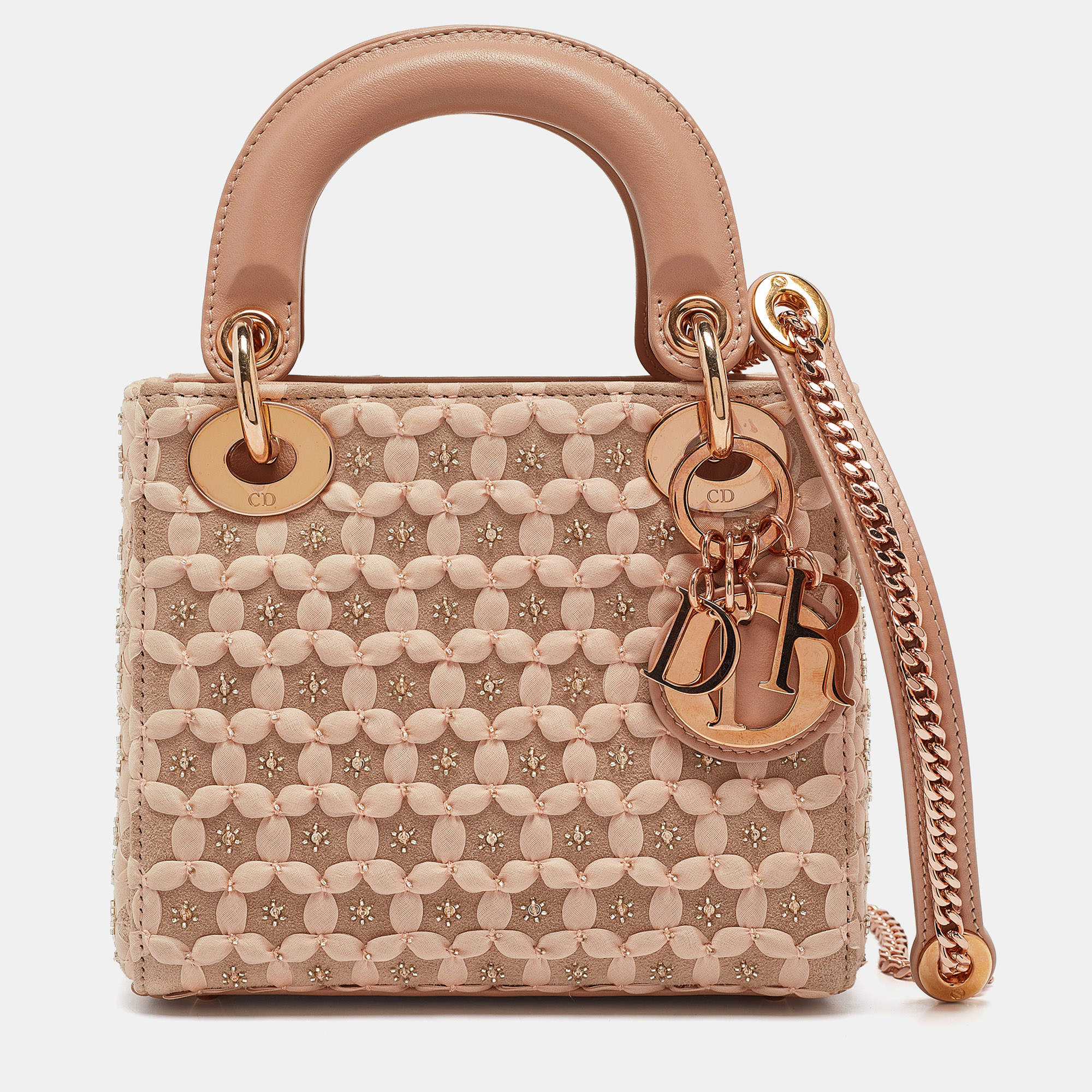 Pre Owned Dior Peach Leather and Suede Mini Beaded Ribbon Lady Dior Tote
