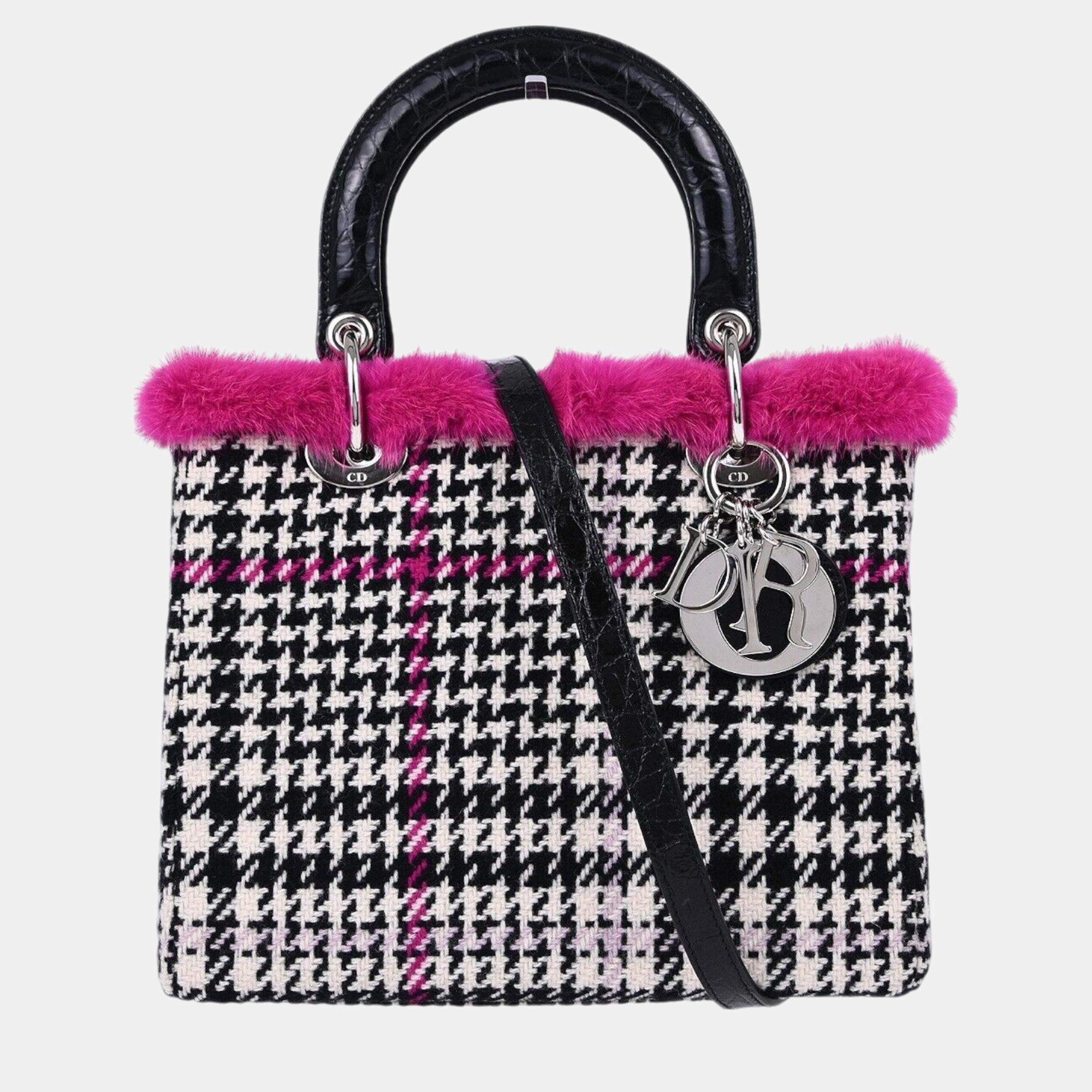 Christian Dior Black Wool Fur Lady Dior Cannage Handbag