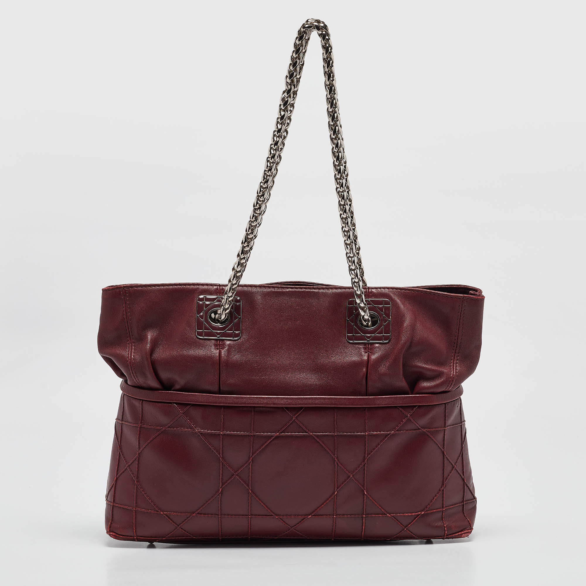 Pre Owned Dior Burgundy Cannage Leather Granville Chain Link Tote