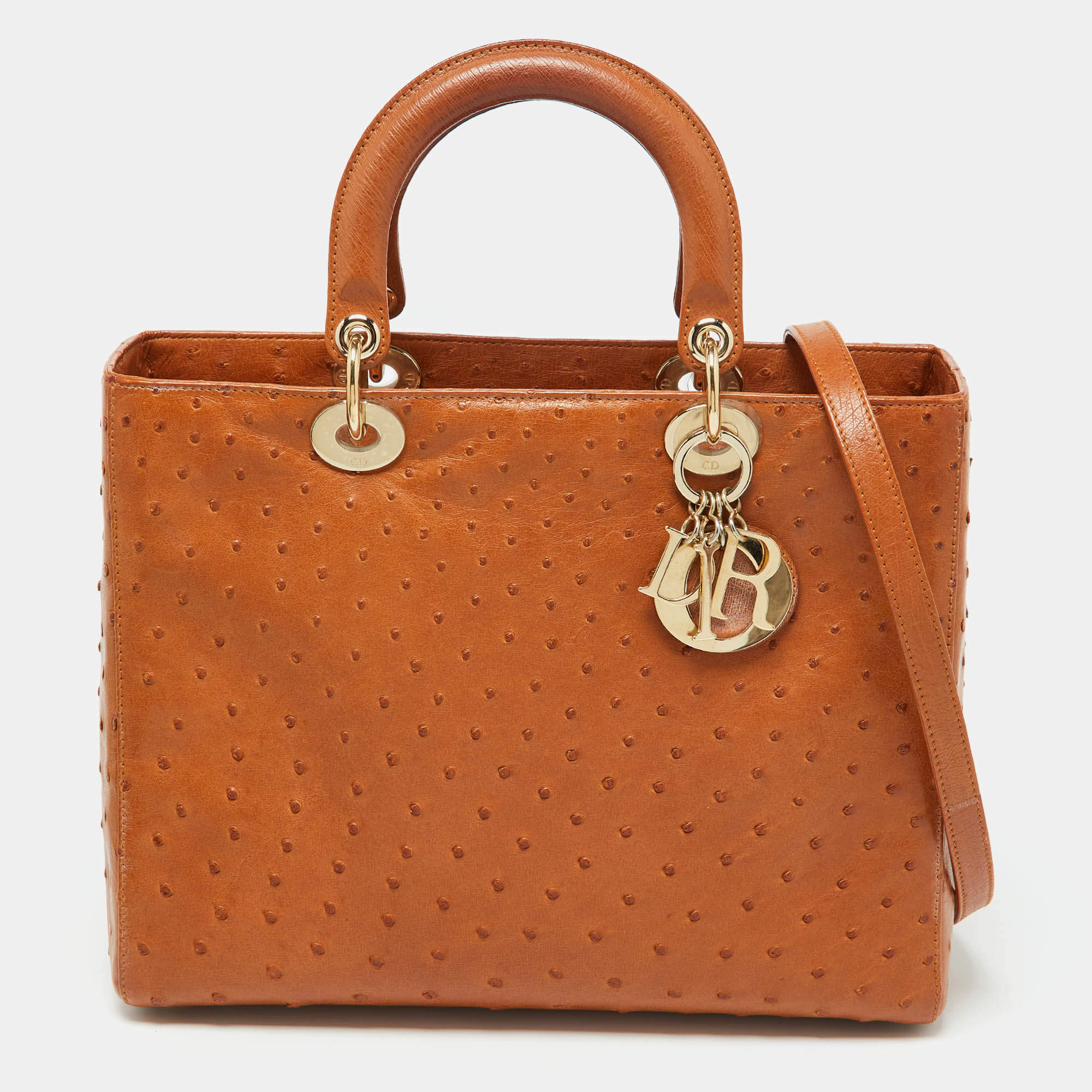 Pre Owned Dior Orange Ostrich Leather Large Lady Dior Tote