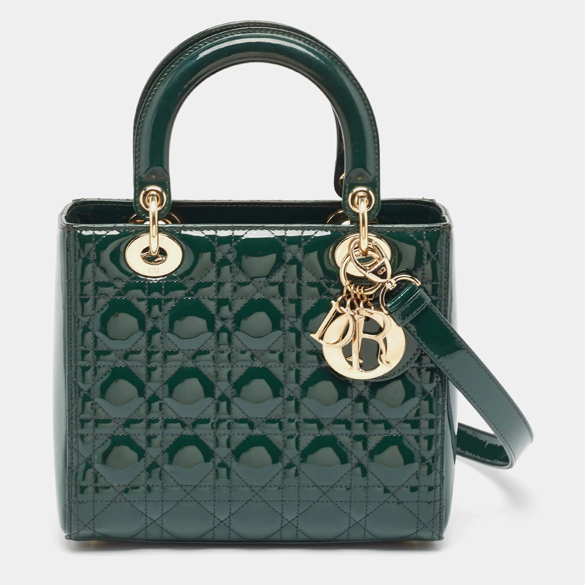 مملوكة مسبقًا Dior Green Cannage Patent Leather Medium Lady Dior Tote