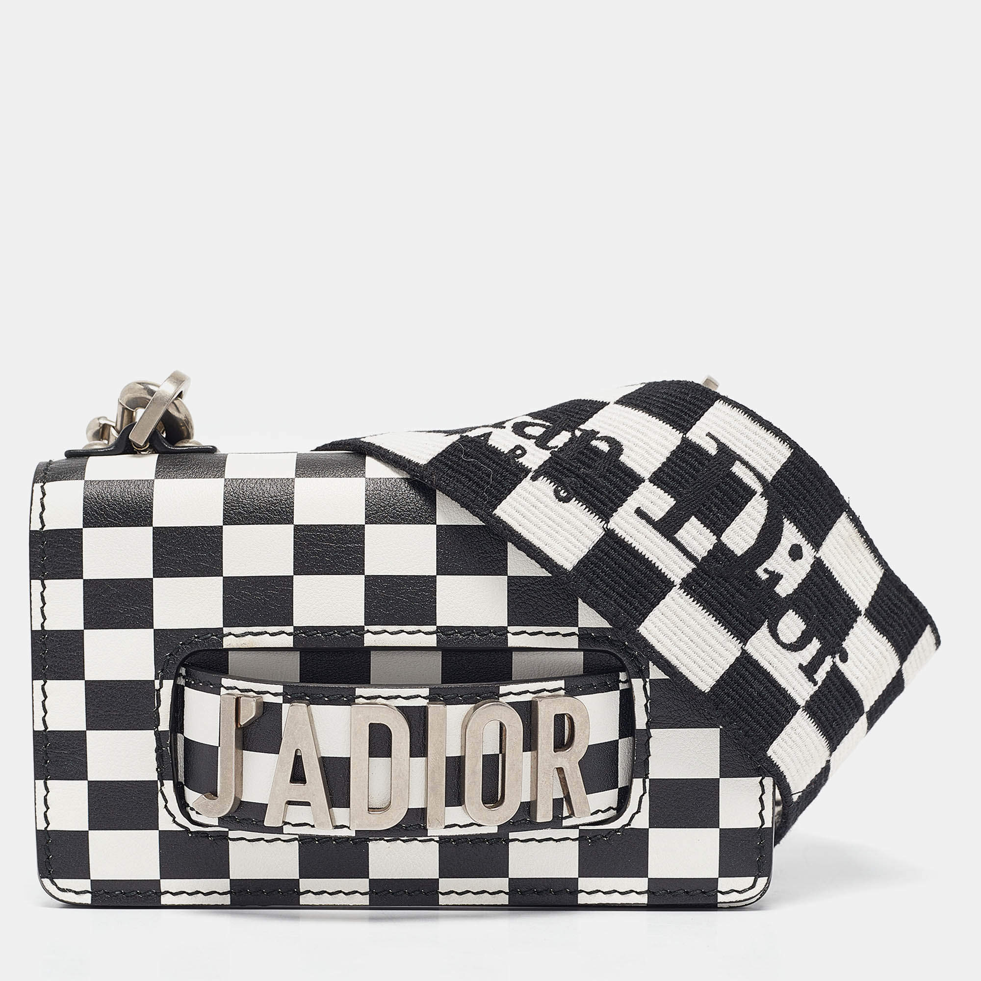 Dior Black/White Leather Mini Checkered J'Adior Crossbody Bag