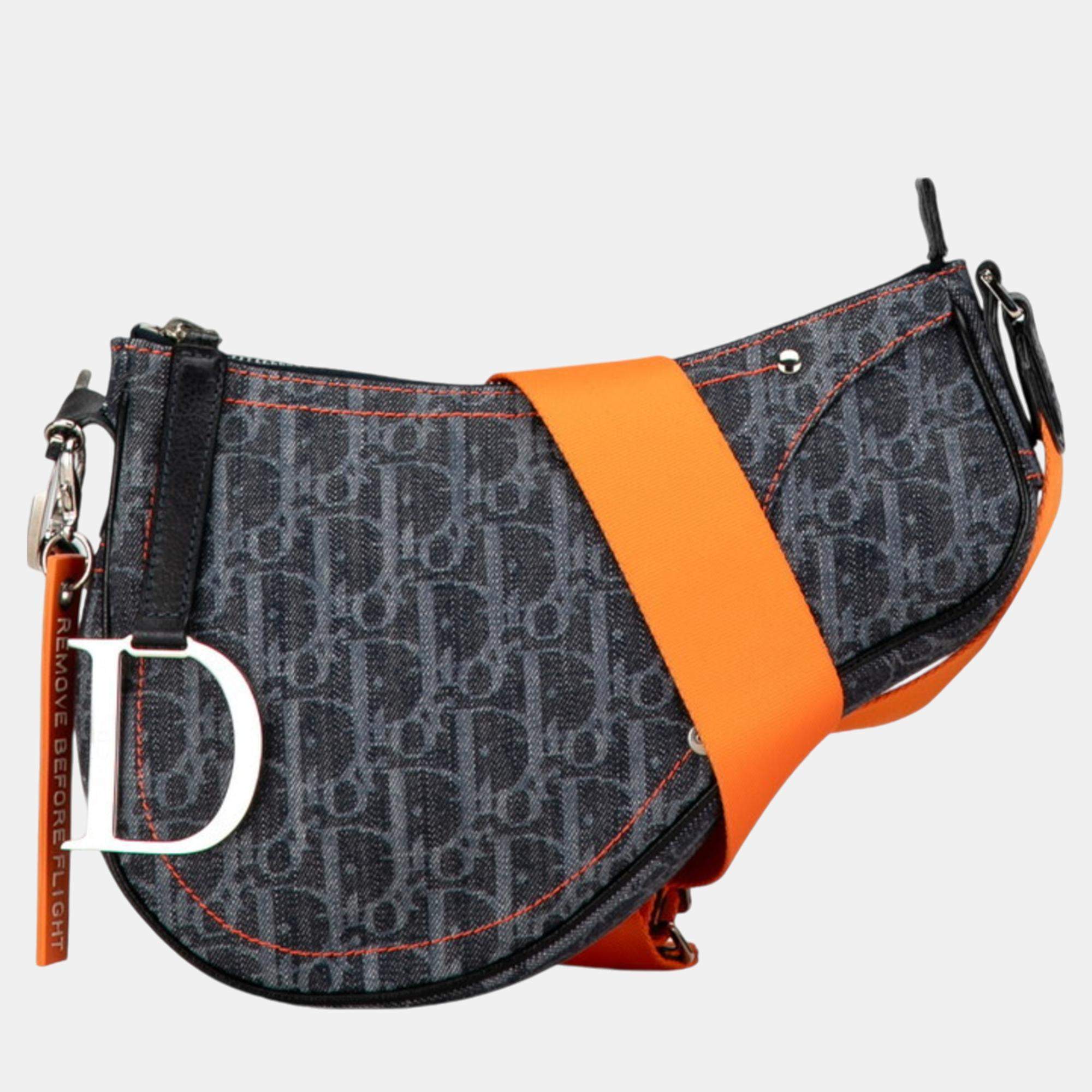 Christian Dior Indigo Blue Orange Canvas Dior Trotter Saddle Flight Line Shoulder Bag