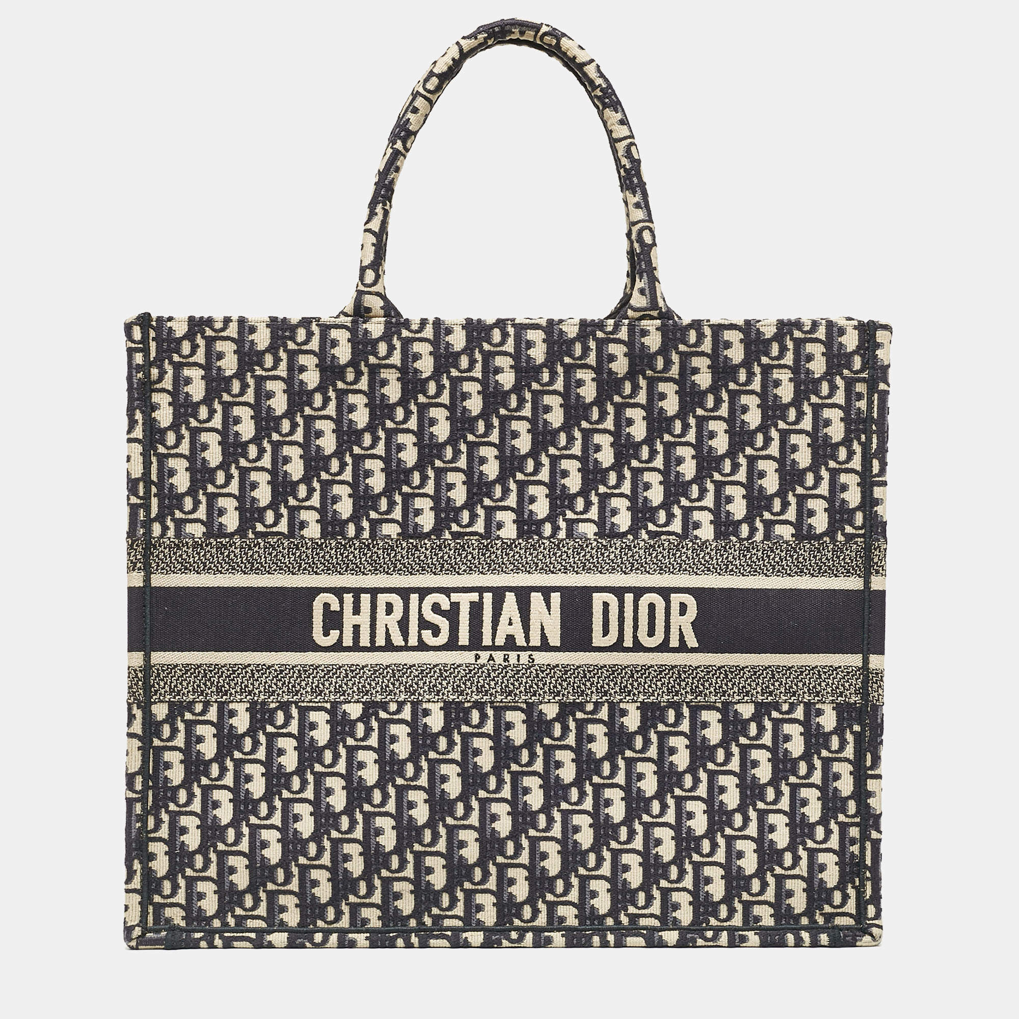 Pre Owned Dior Navy Blue Oblique Embroidered Canvas Large Book Tote