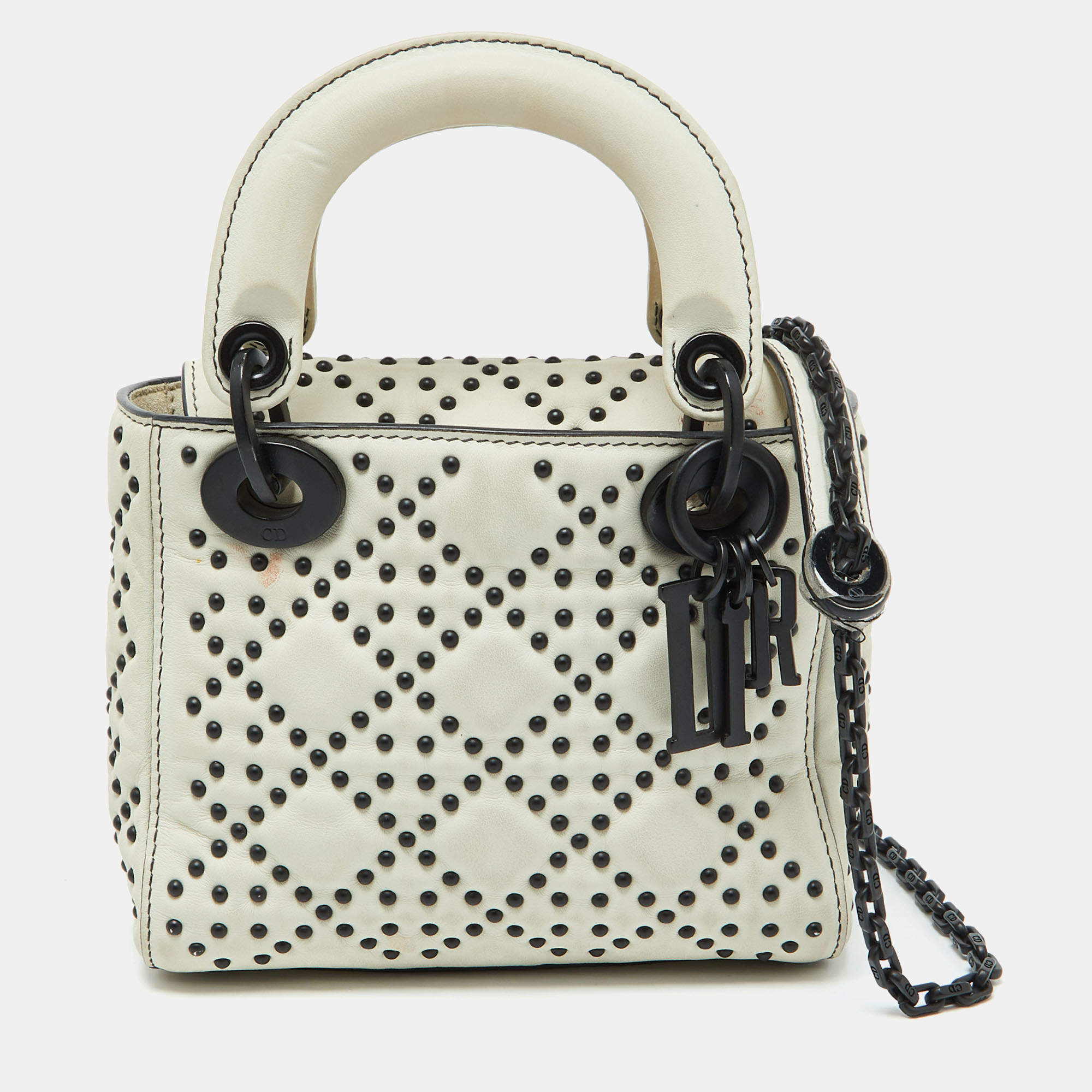 Pre Owned Dior White Leather Studded Cannage Mini Lady Dior Tote