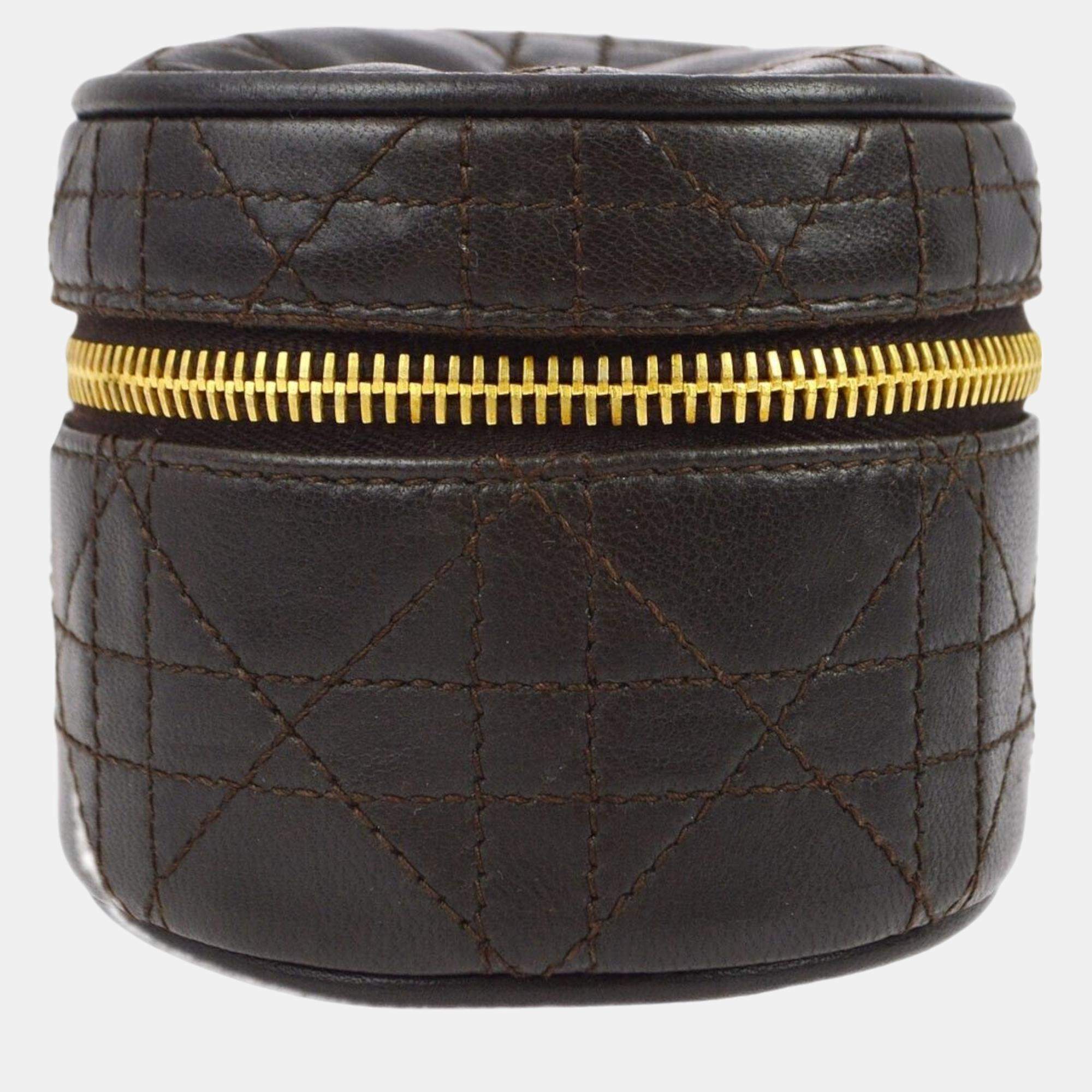 Christian Dior Brown Calfskin Cannage Cosmetic Pouch Bag