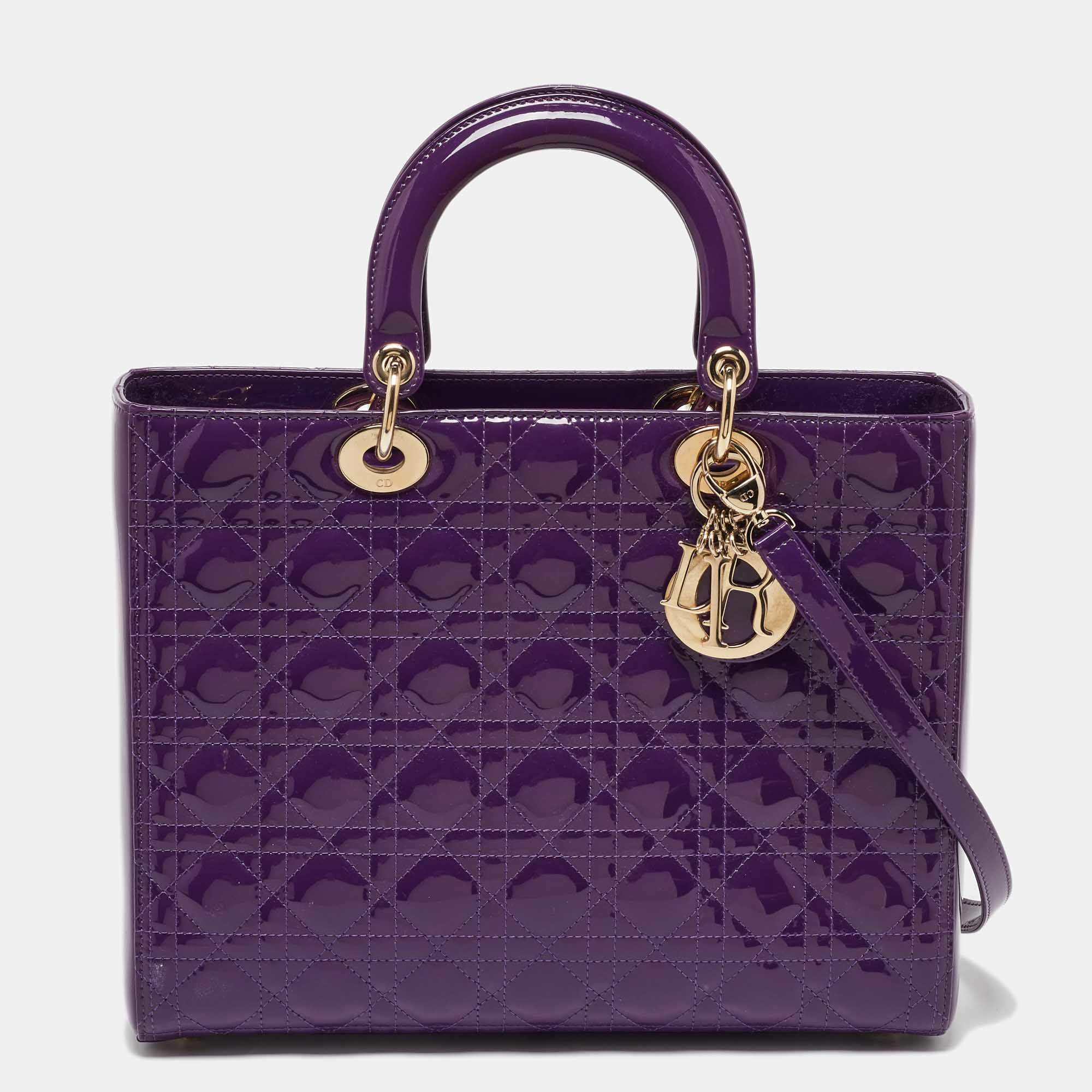 Pre Owned Dior Purple Cannage Quilted Patent Leather Large Lady Dior Tote