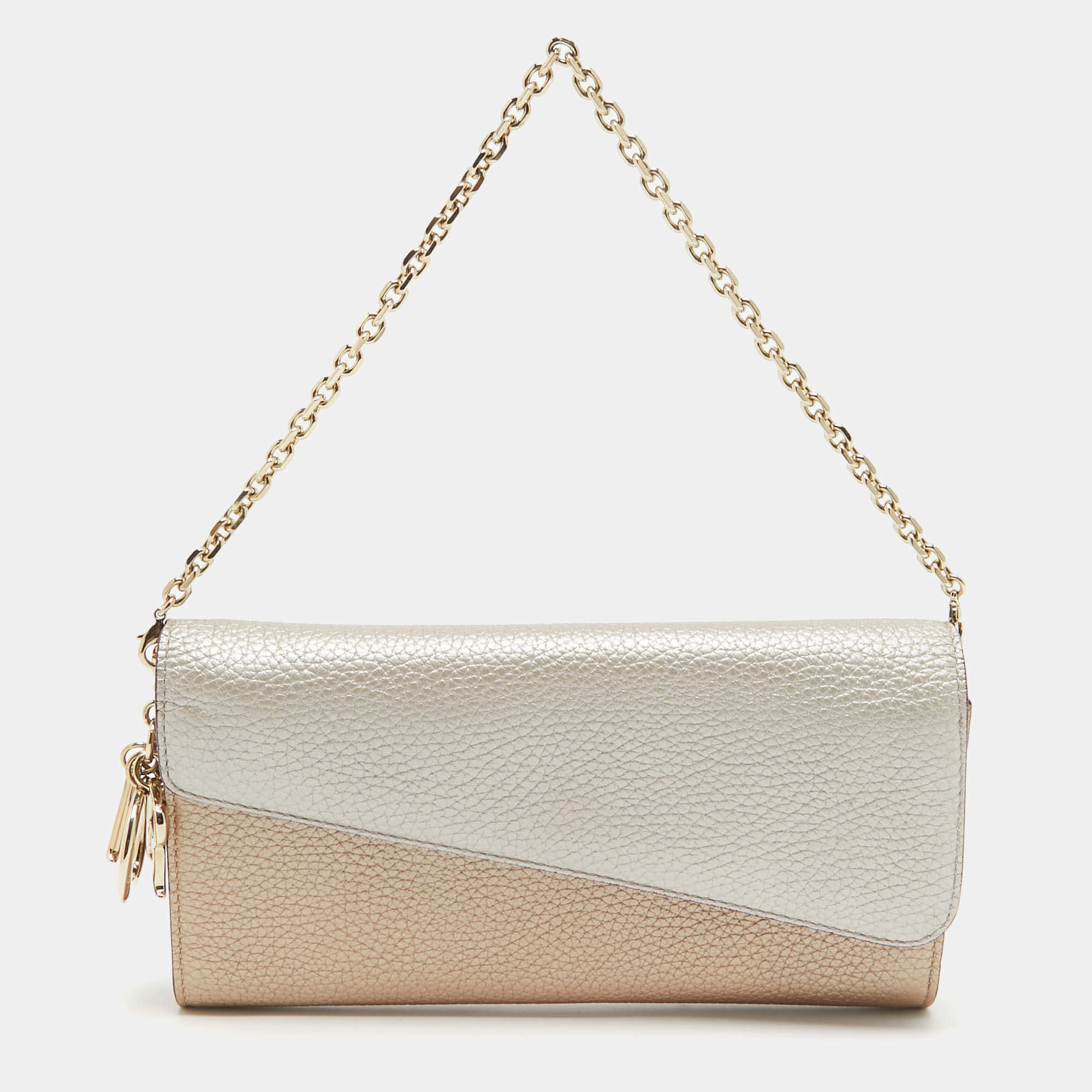 Pre Owned Dior Silver/Bronze Leather Flap Continental Chain Wallet