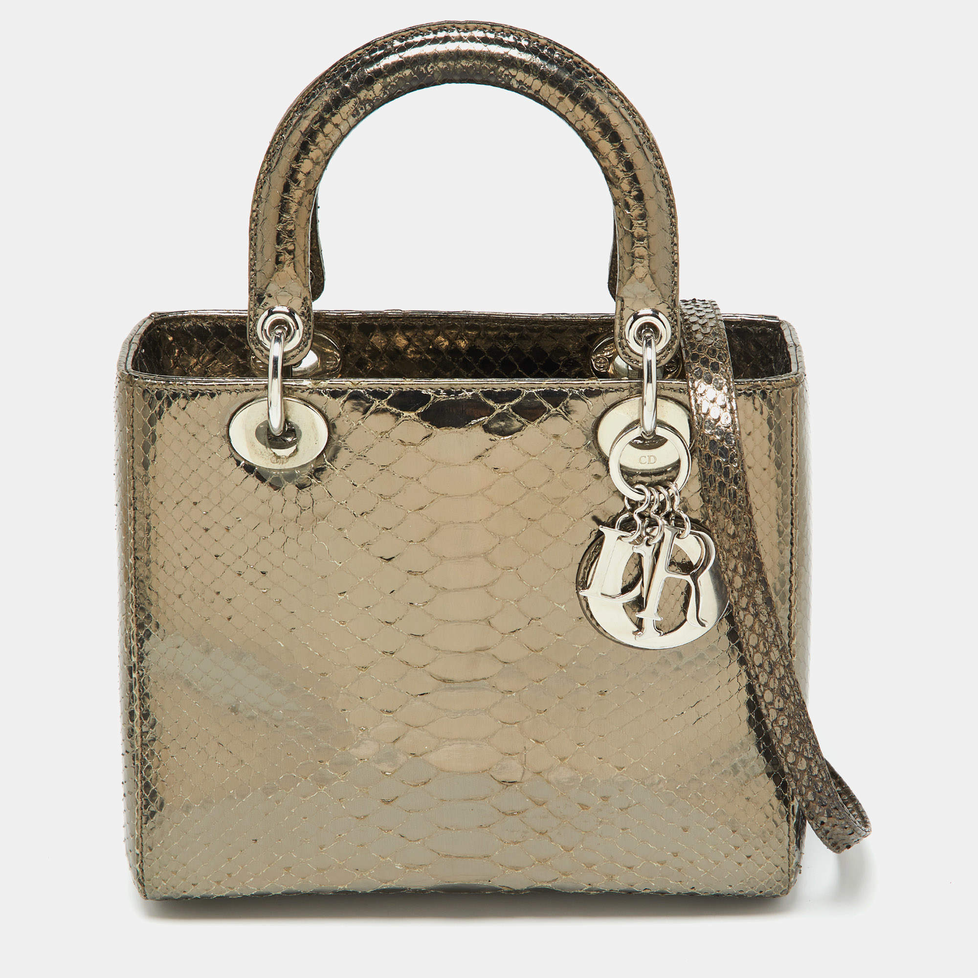 Pre Owned Dior Metallic Python Medium Lady Dior Tote