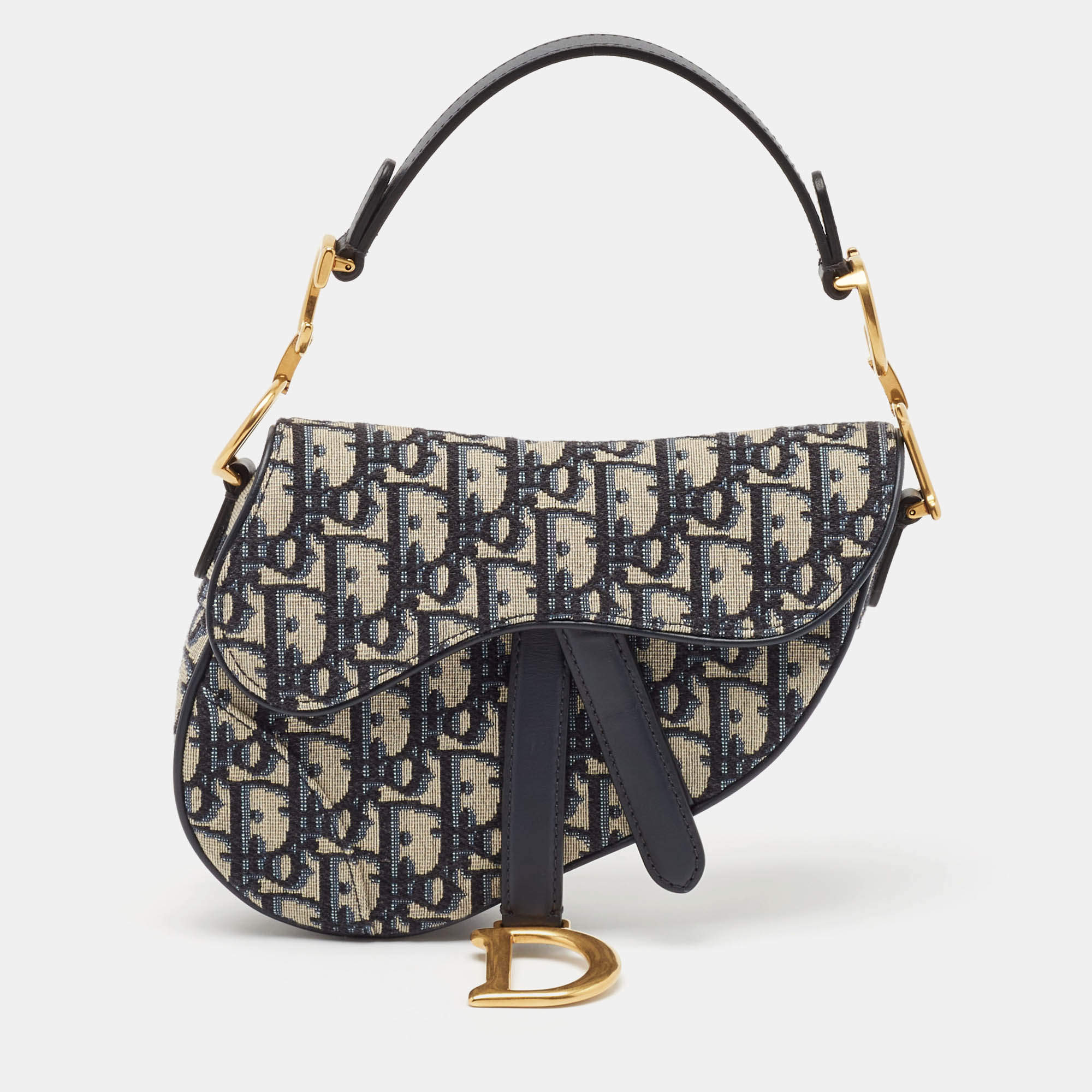 Dior Navy Blue Oblique Canvas and Leather Mini Saddle Bag
