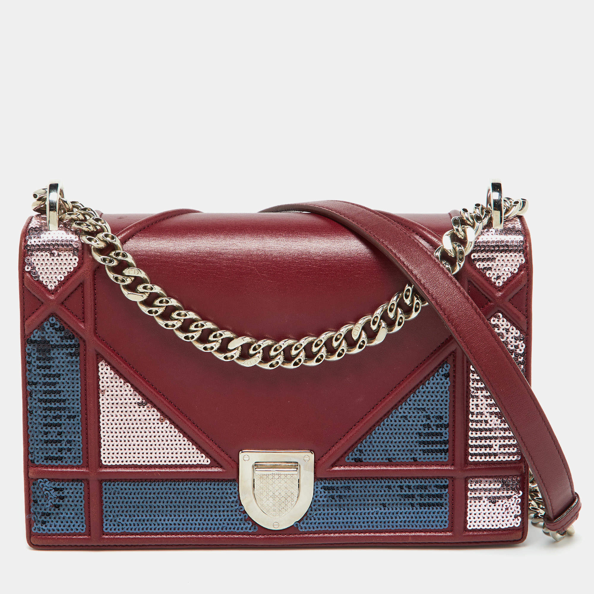 Pre Owned Dior Burgundy Leather and Sequins Medium Diorama Shoulder Bag
