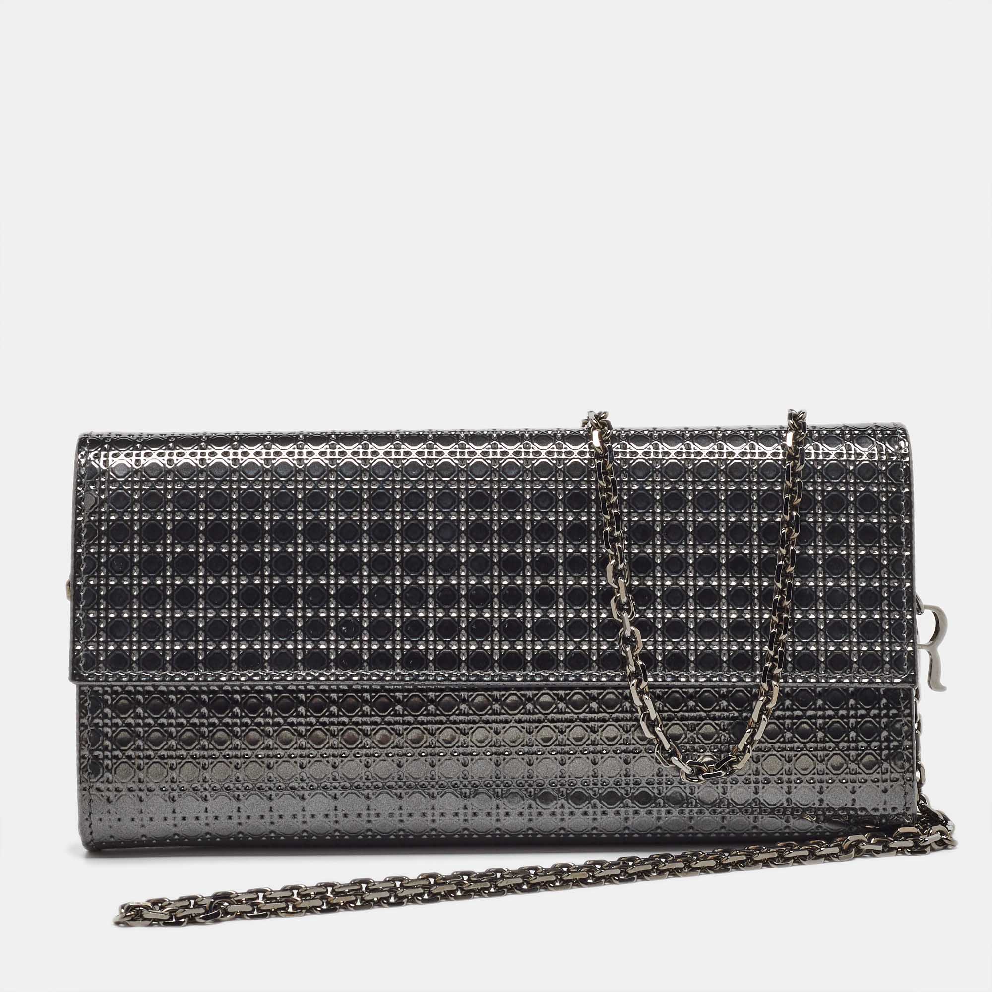 Pre Owned Dior Metallic Patent Leather Micro Cannage Croisiere Wallet on Chain