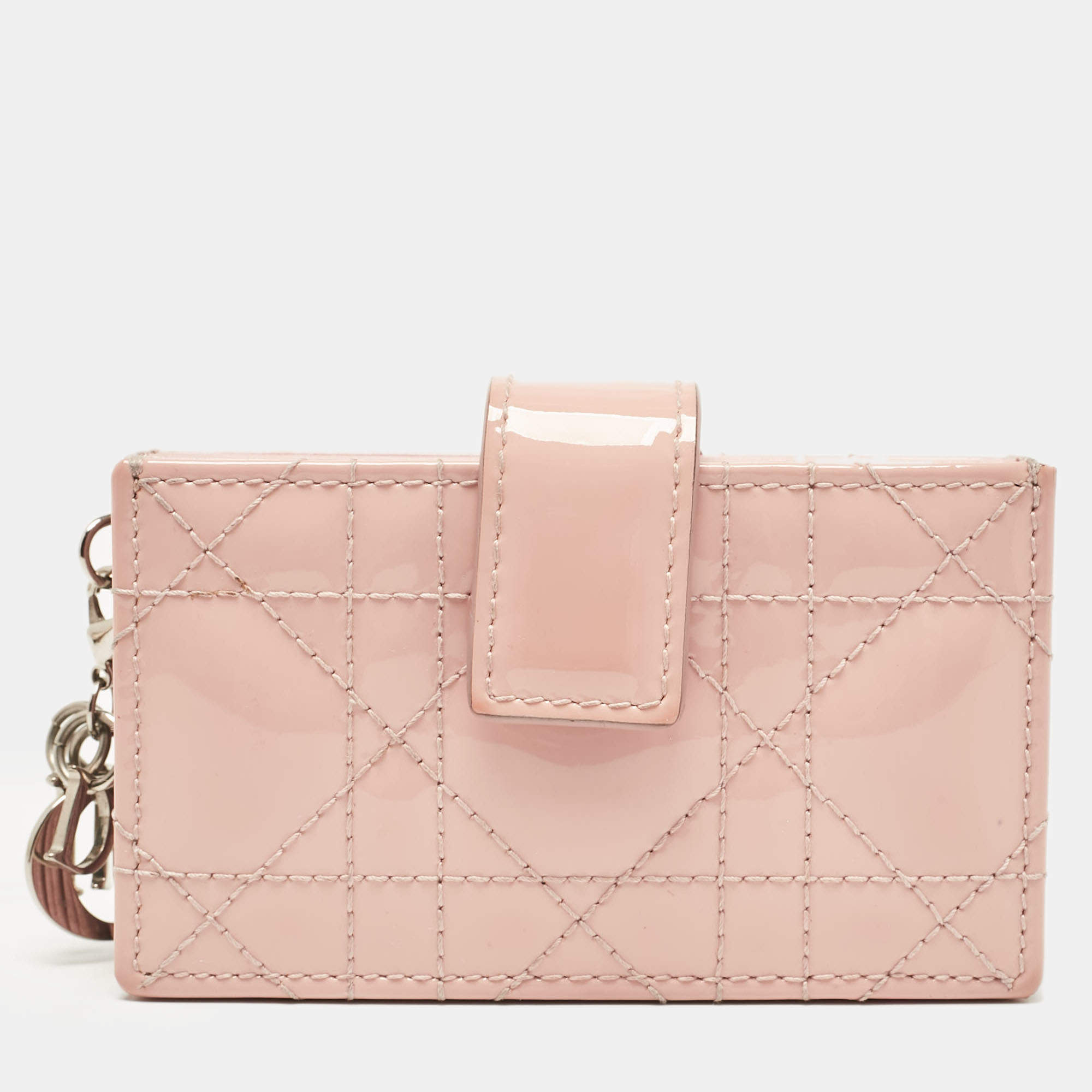 Pre Owned Dior Light Pink Cannage Patent Leather Jasmine Card Holder