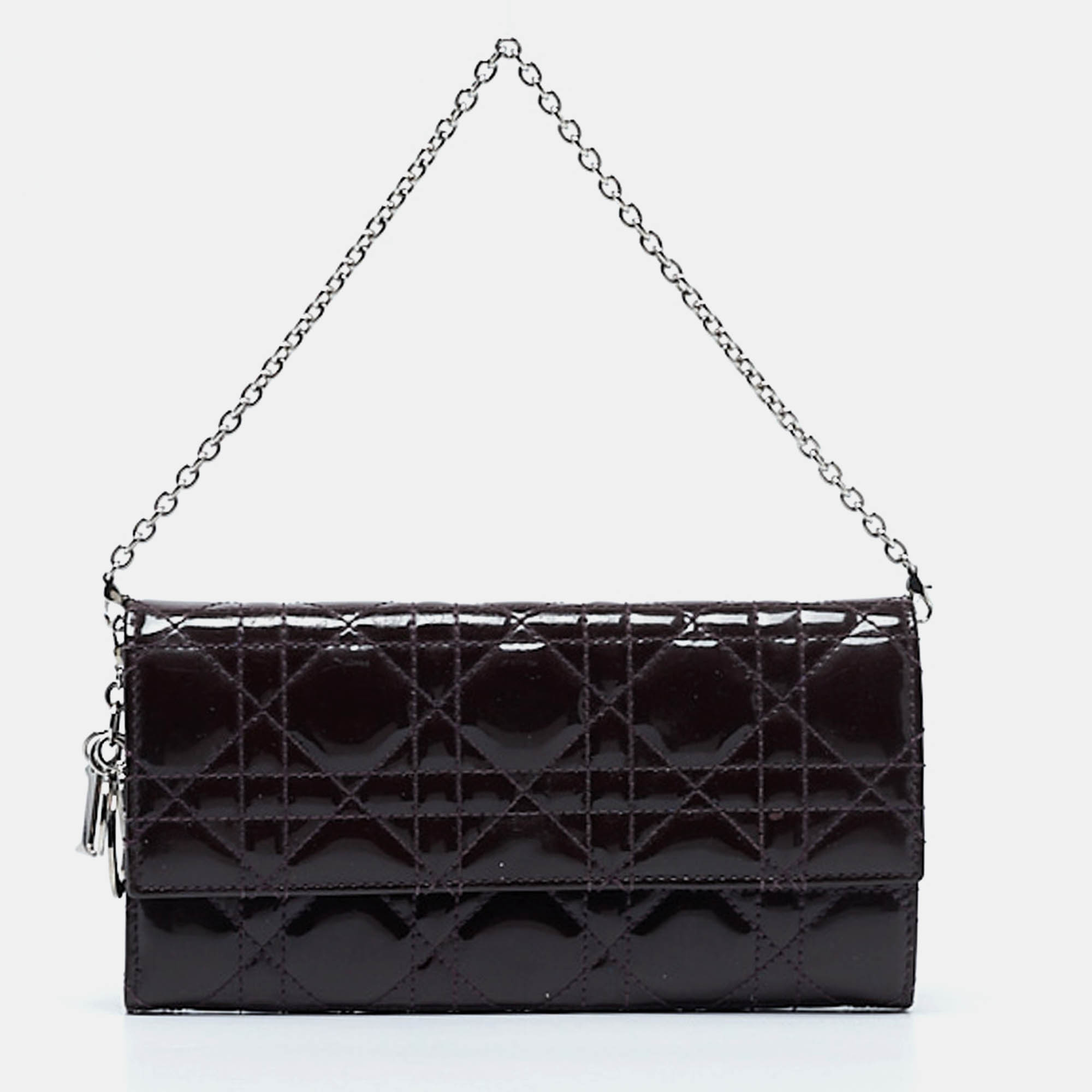 Pre Owned Dior Purple Cannage Patent Leather Lady Dior Wallet On Chain