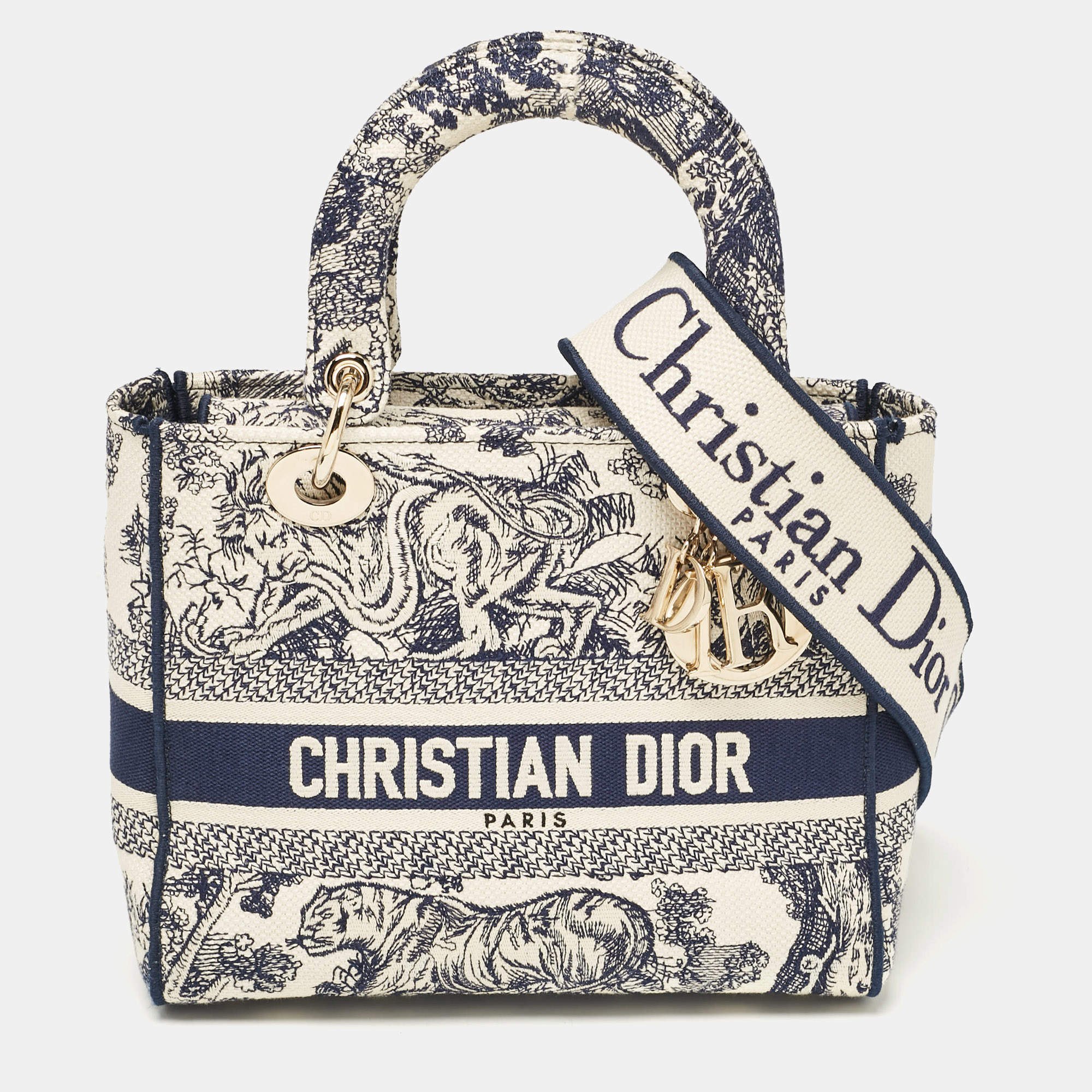 Pre Owned Dior Blue/Blue Embroidered Canvas Medium Toile de Jouy Lady D-Lite Tote