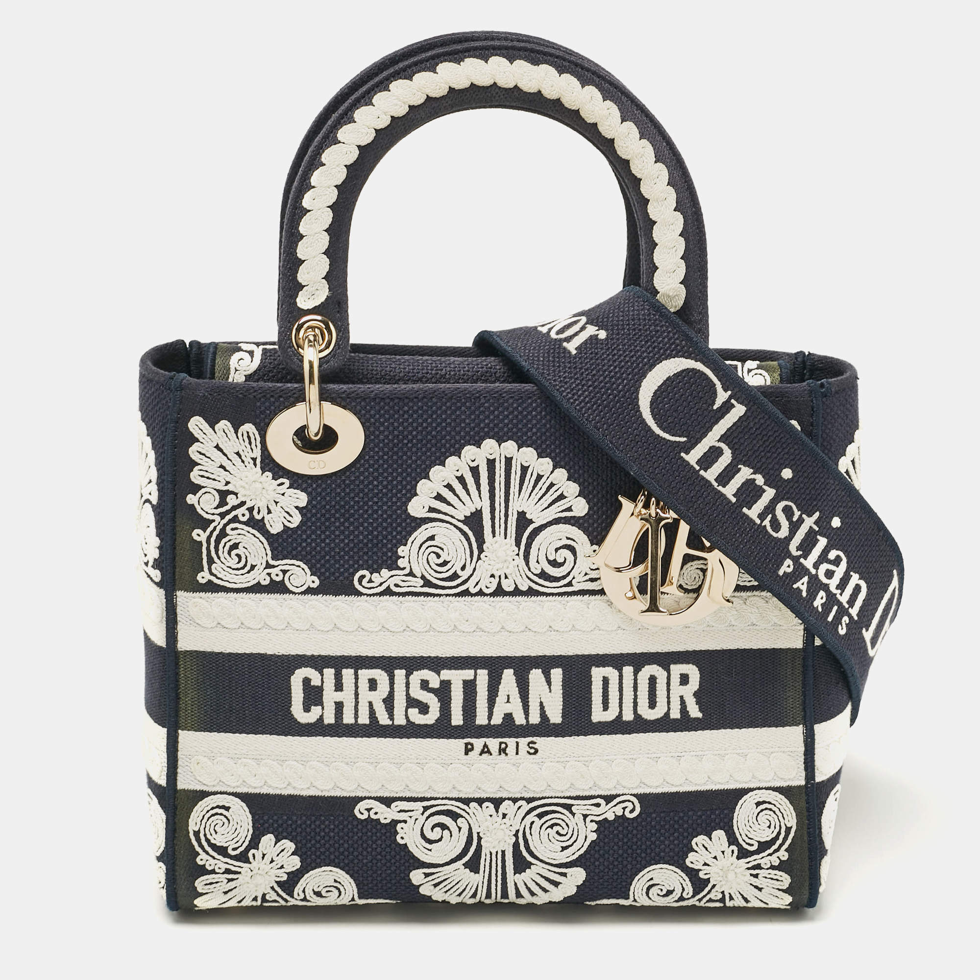 Pre Owned Dior Navy Blue/White Embroidered Cornely Canvas Medium Lady D-Lite Tote