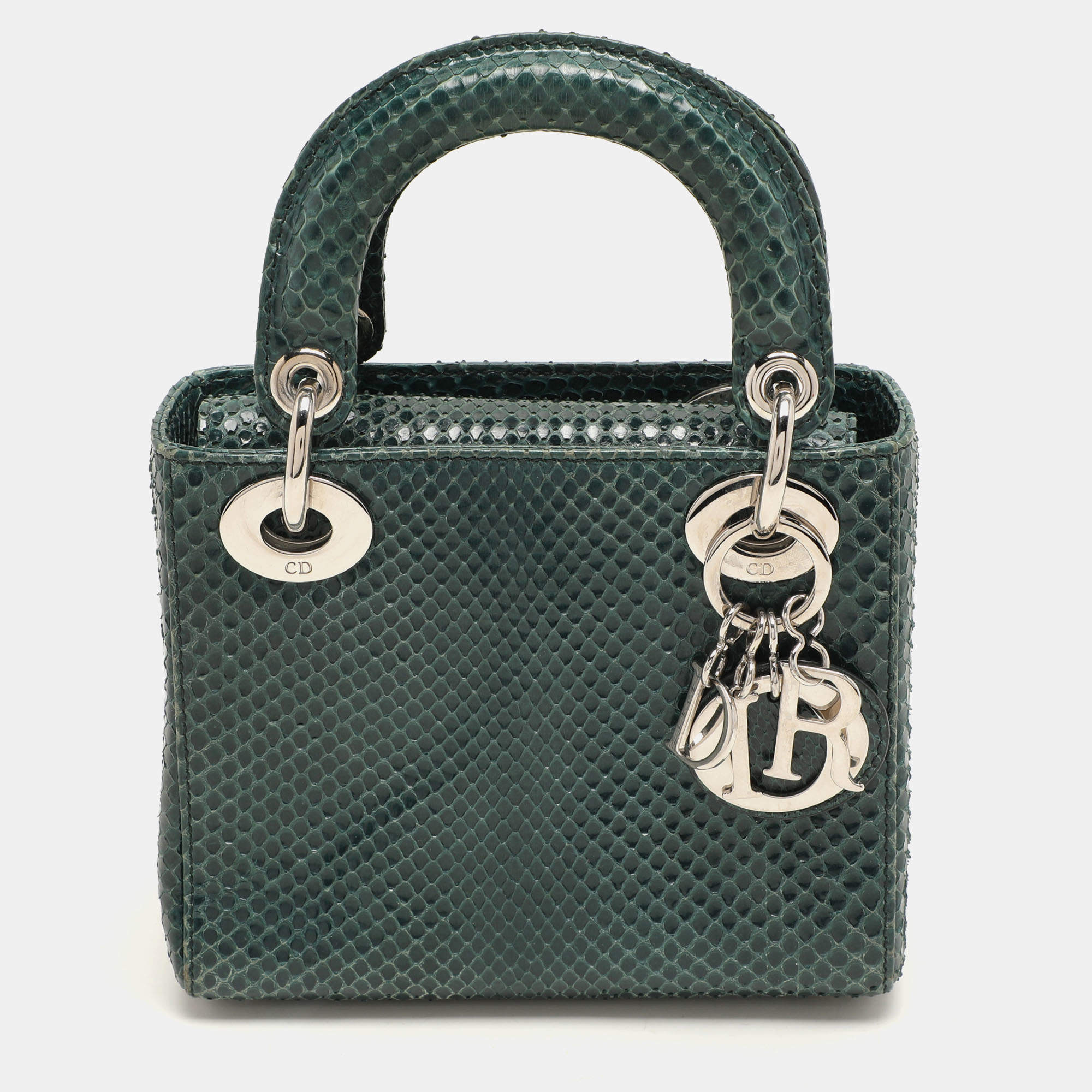 Pre Owned Dior Green Python Mini Lady Dior Chain Tote