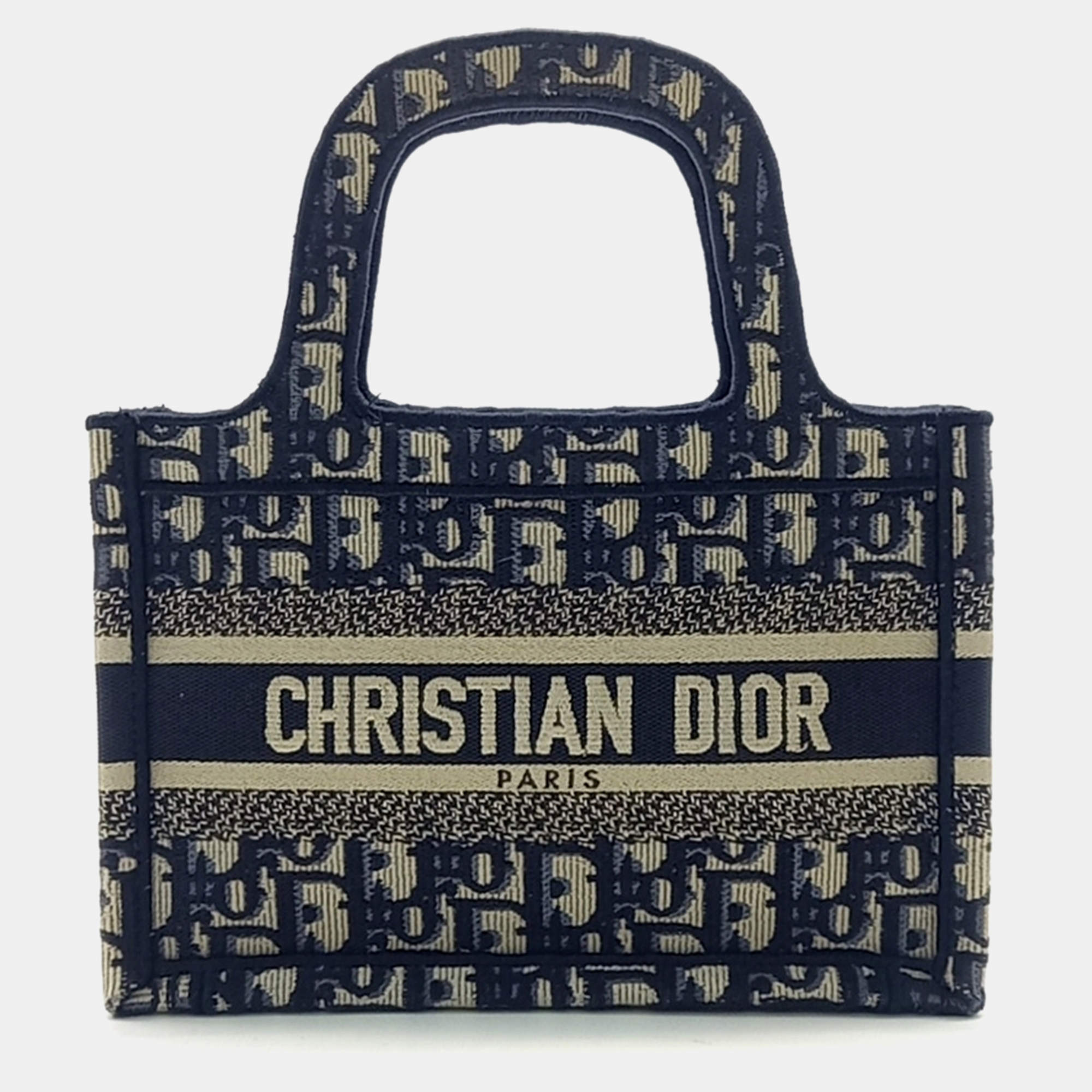 Dior Beige Navy Blue Fabric Oblique Mini Book Tote Bag