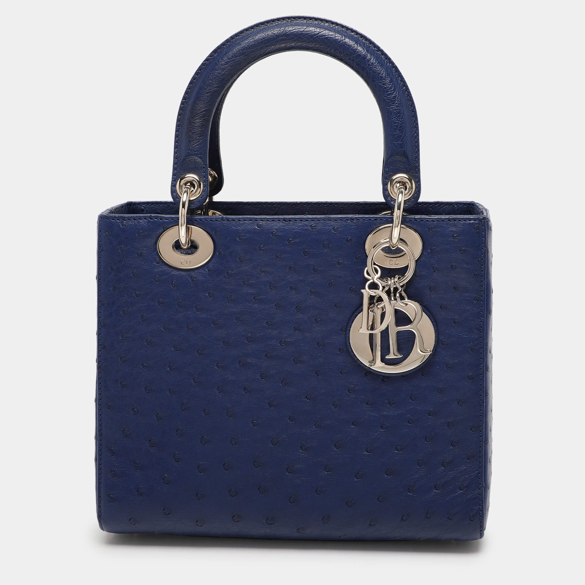 Pre Owned Dior Blue Ostrich Medium Lady Dior Tote