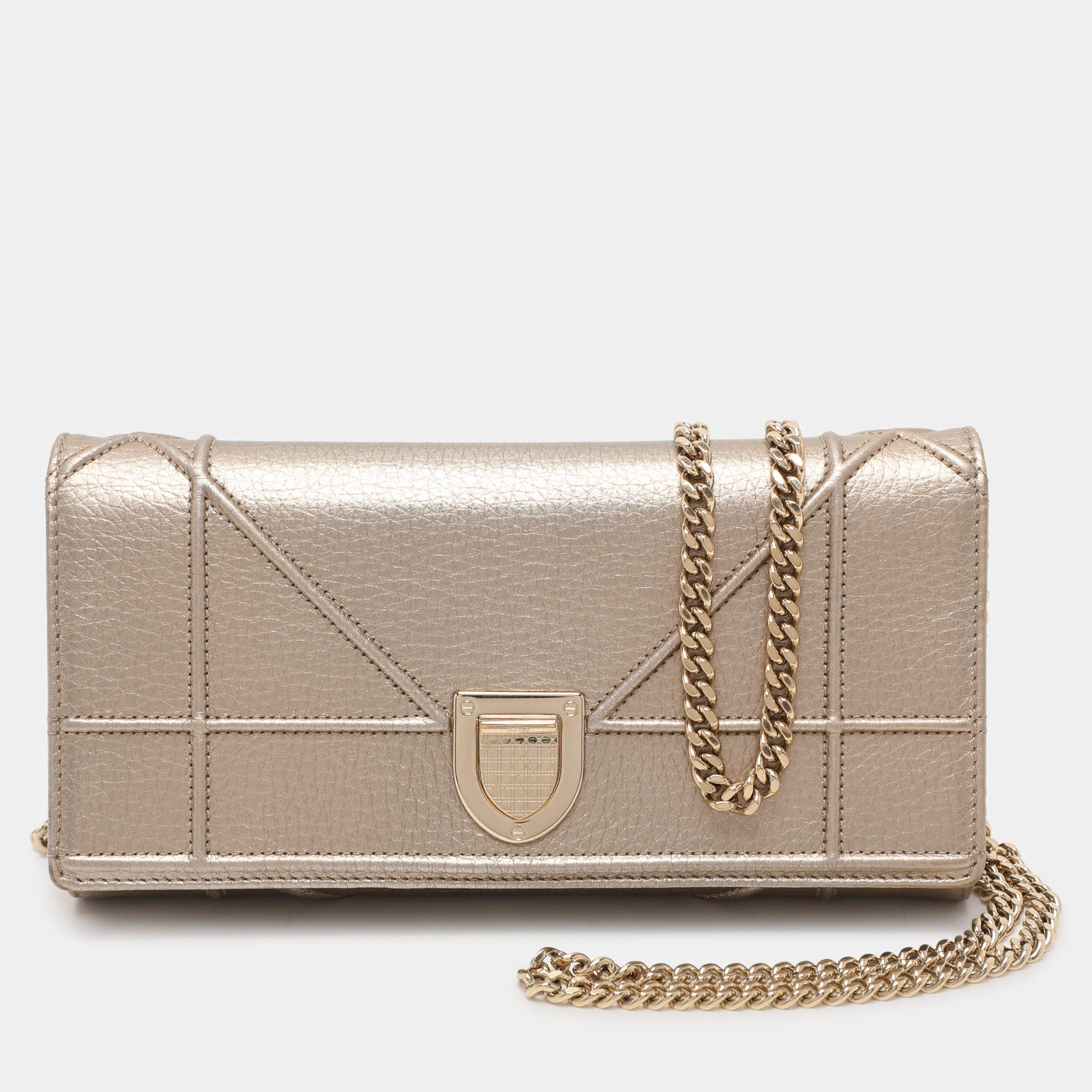 Pre Owned Dior Metallic Beige Leather Diorama Wallet on Chain