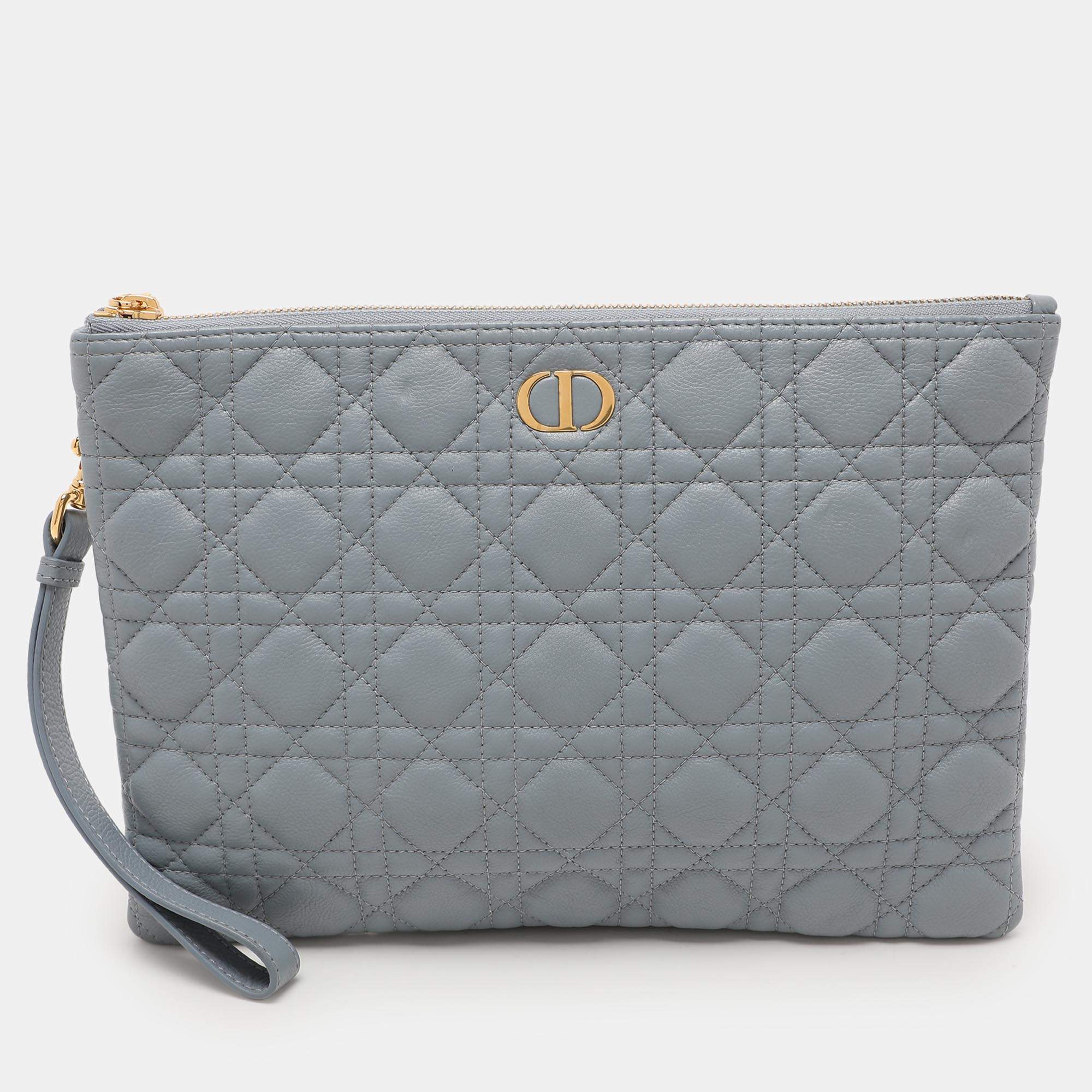 Pre Owned Dior Dust Blue Quilted Leather Caro Wristlet Clutch