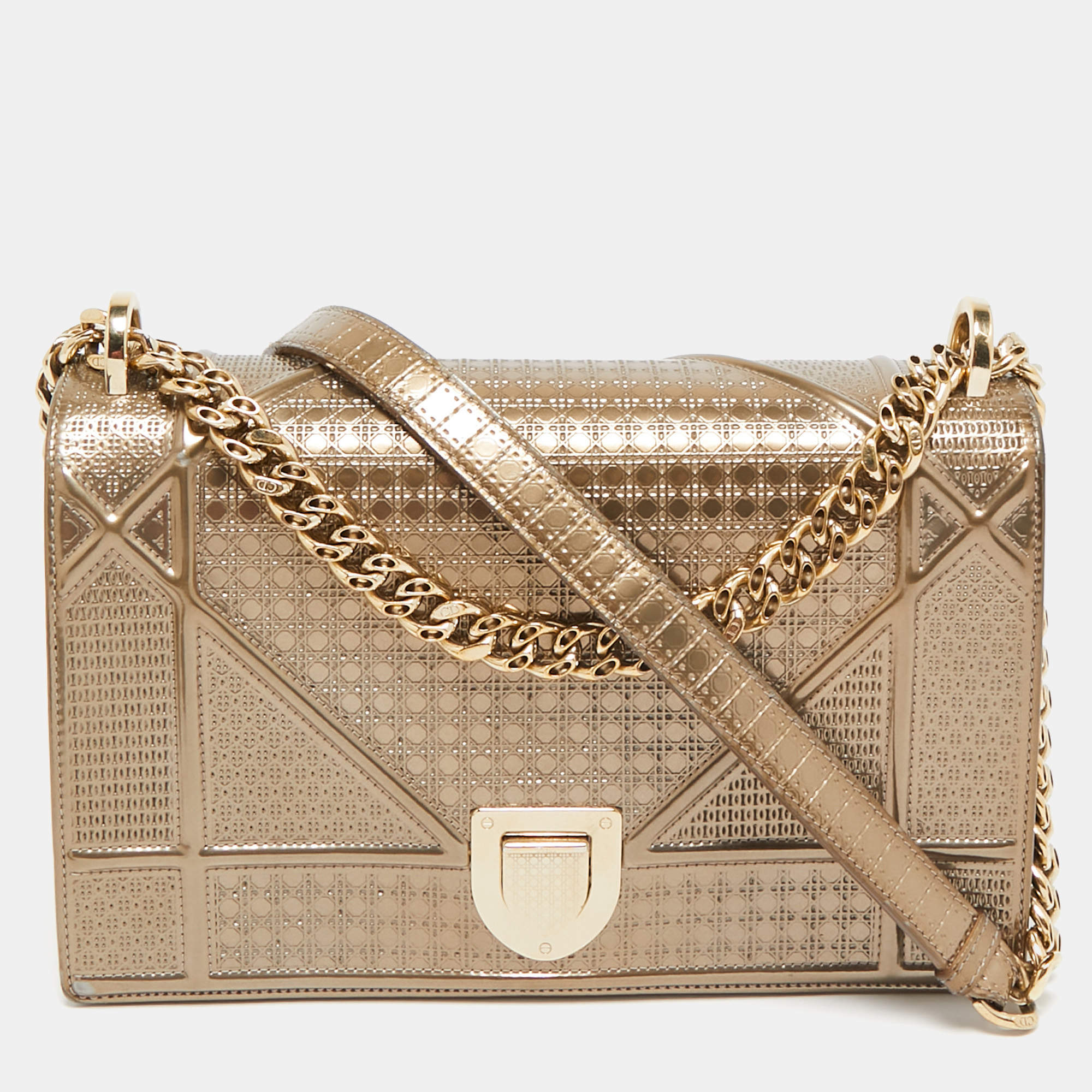 Pre Owned Dior Gold Microcannage Patent Leather Medium Diorama Flap Shoulder Bag