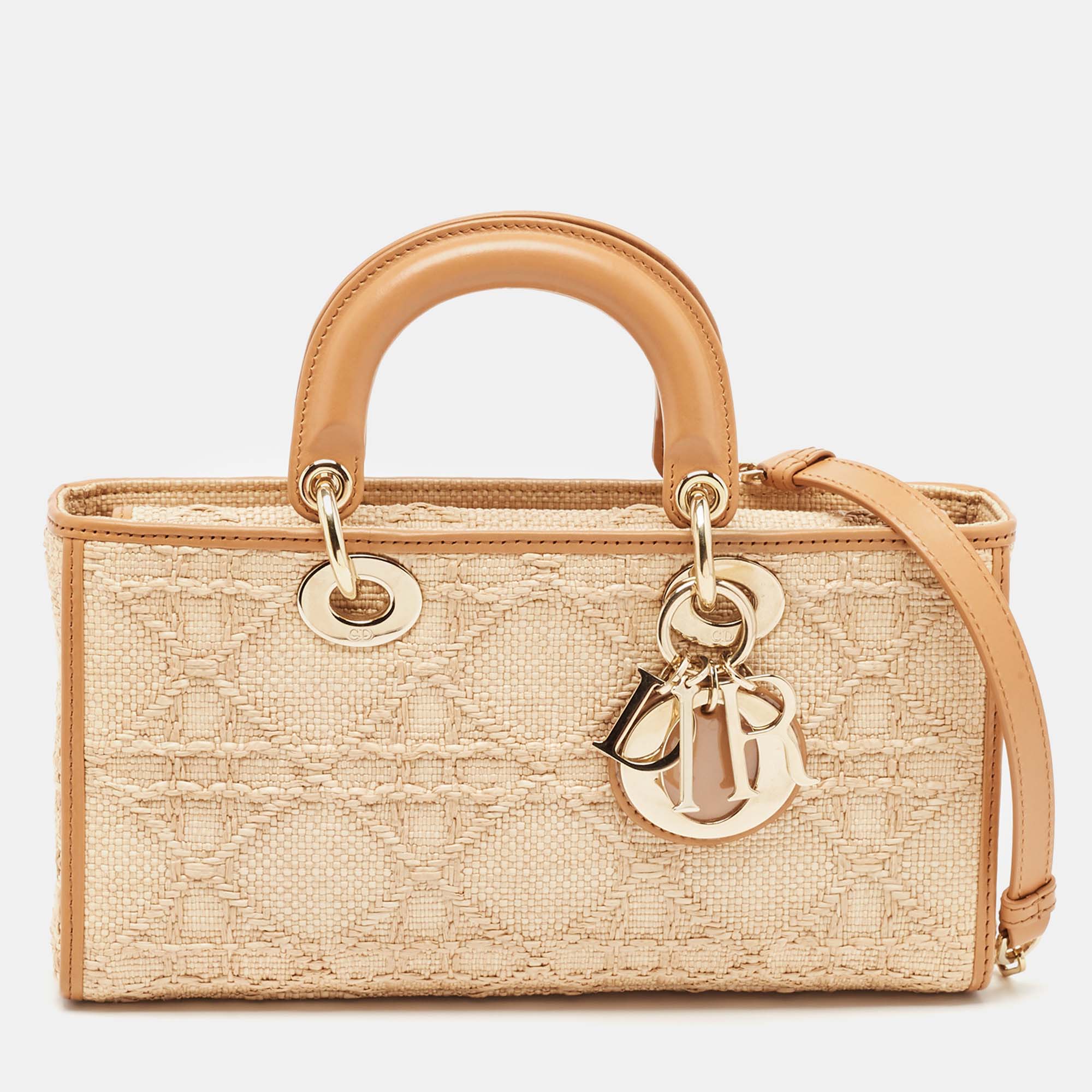 Pre Owned Dior Tan/Natural Cannage Straw Medium Lady D-Joy Tote