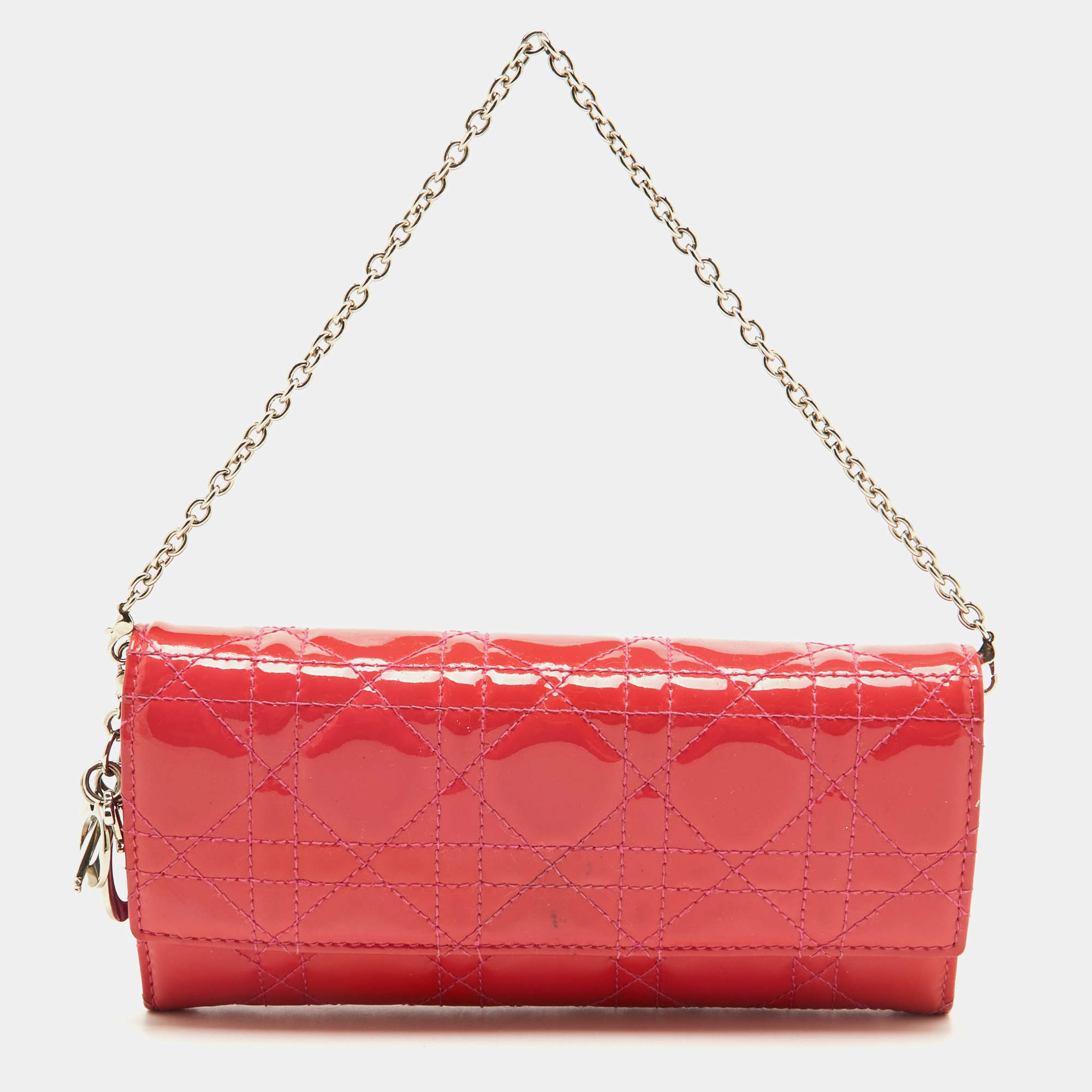 Pre Owned Dior Pink Cannage Patent Leather Lady Dior Wallet On Chain