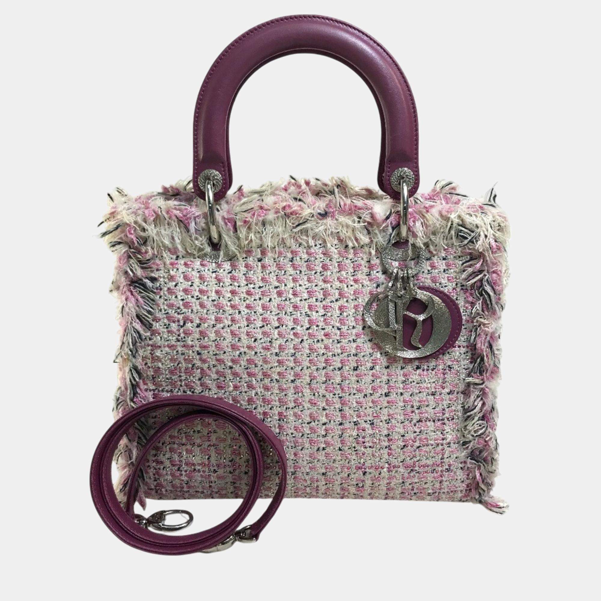 Pre Owned Dior Purple Tweed, Leather Ginza Limited Lady Dior Shoulder Bag
