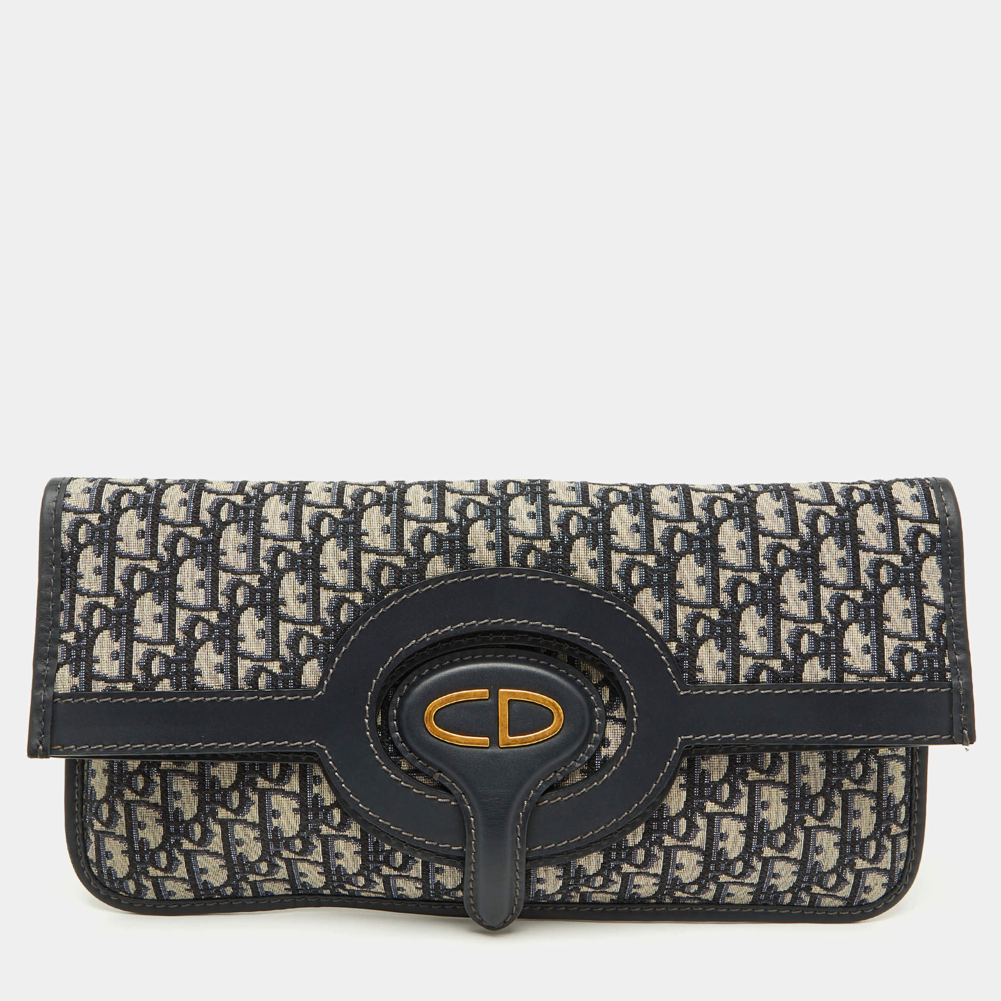 Pre Owned Dior Navy Blue Oblique Canvas and Leather Fold Over Clutch