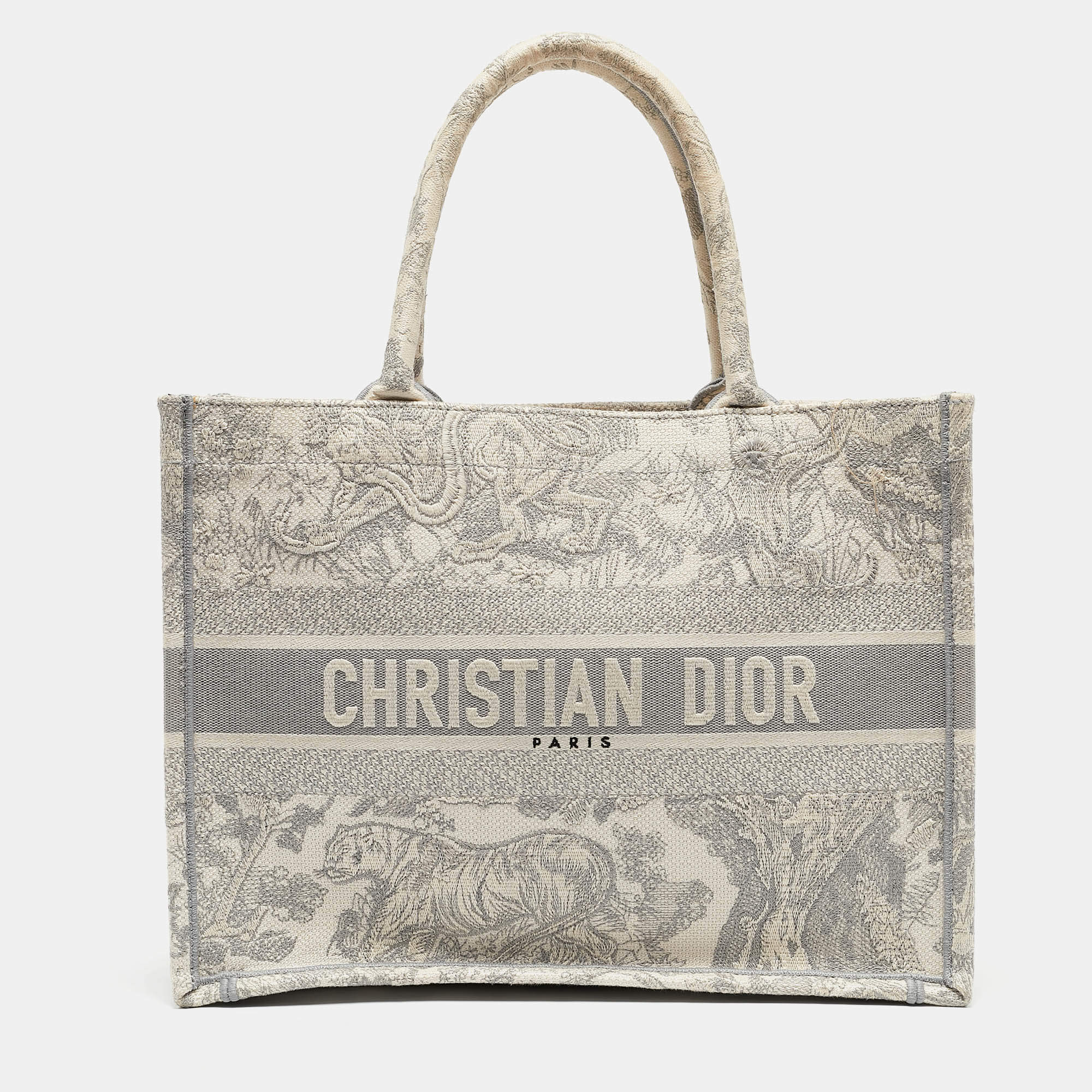 Dior Grey/White Embroidered Toile de Jouy Canvas Medium Book Tote 