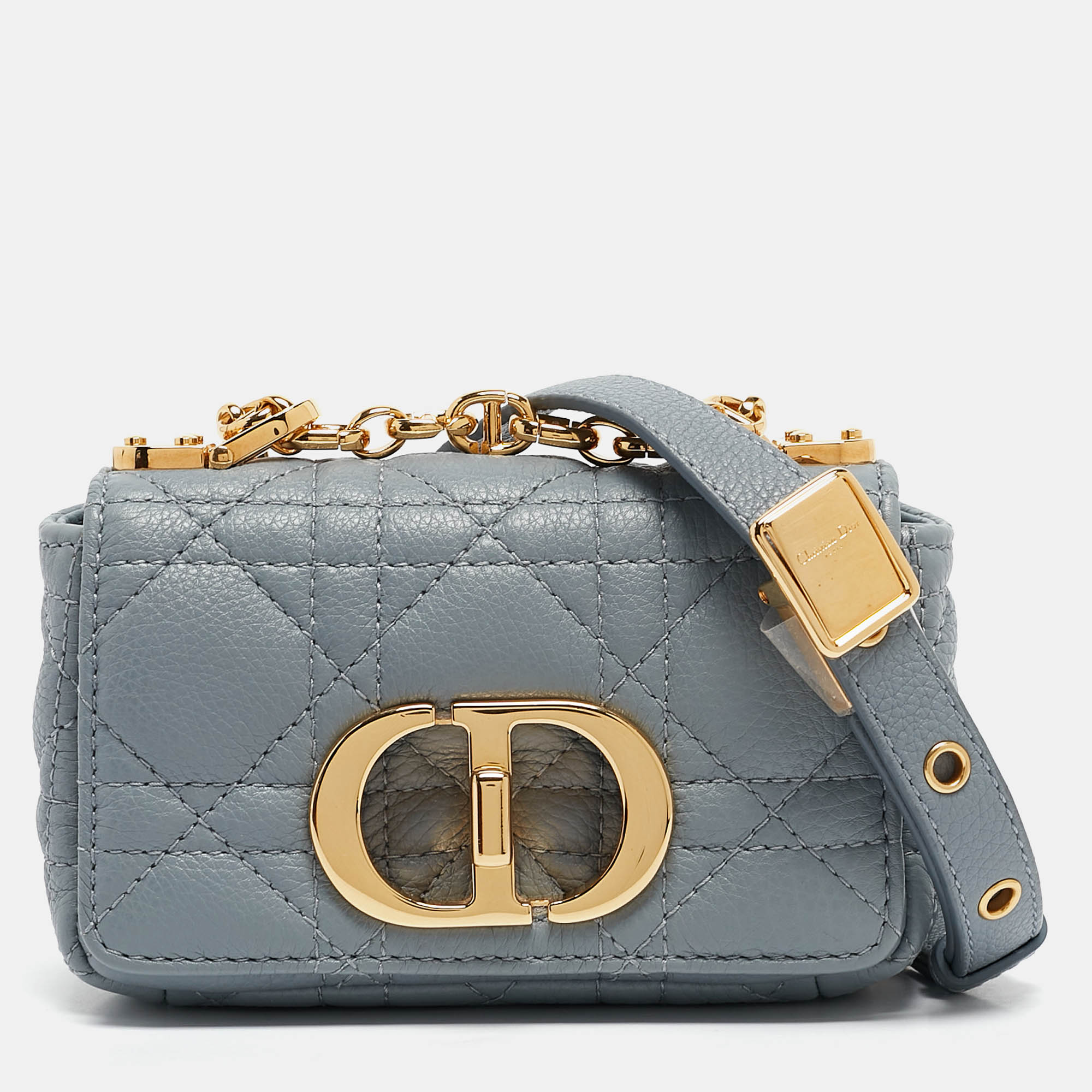 Pre Owned Dior Blue Cannage Leather Micro Caro Crossbody Bag