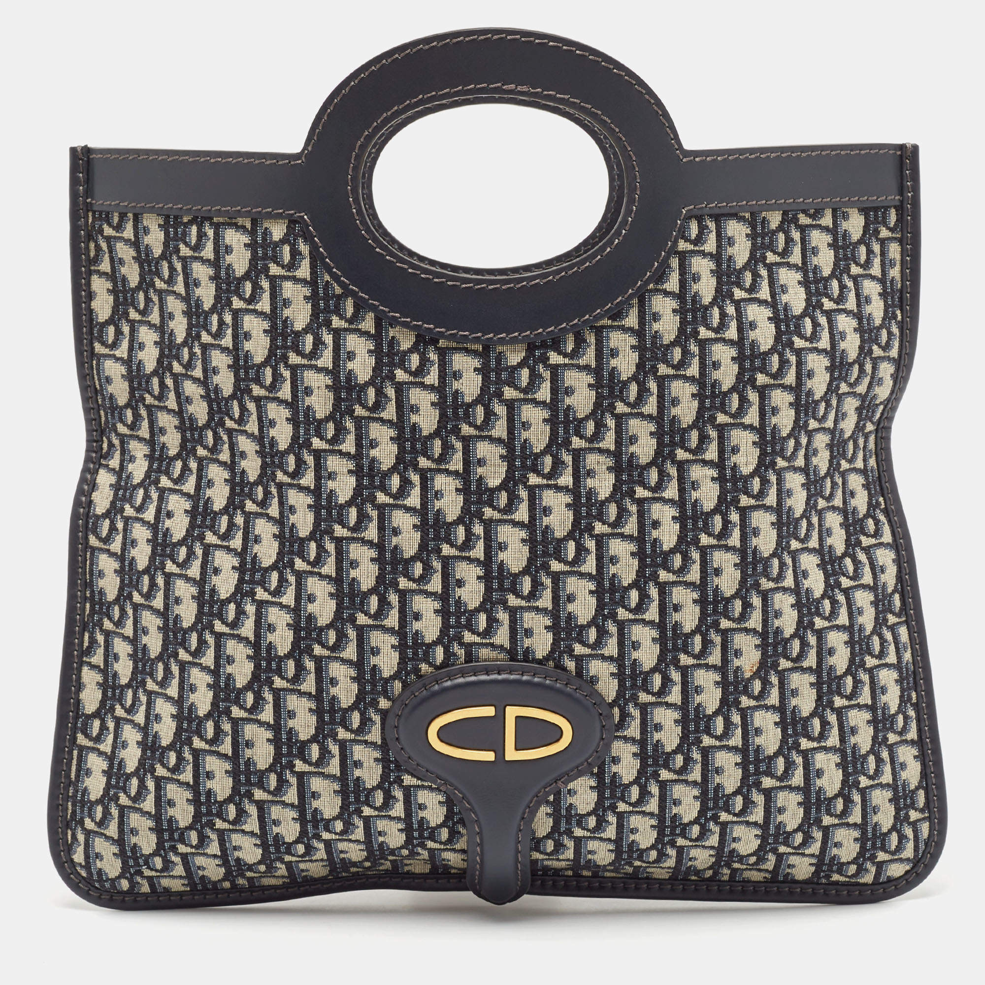 Dior Navy Blue Oblique Canvas and Leather Fold Over Clutch