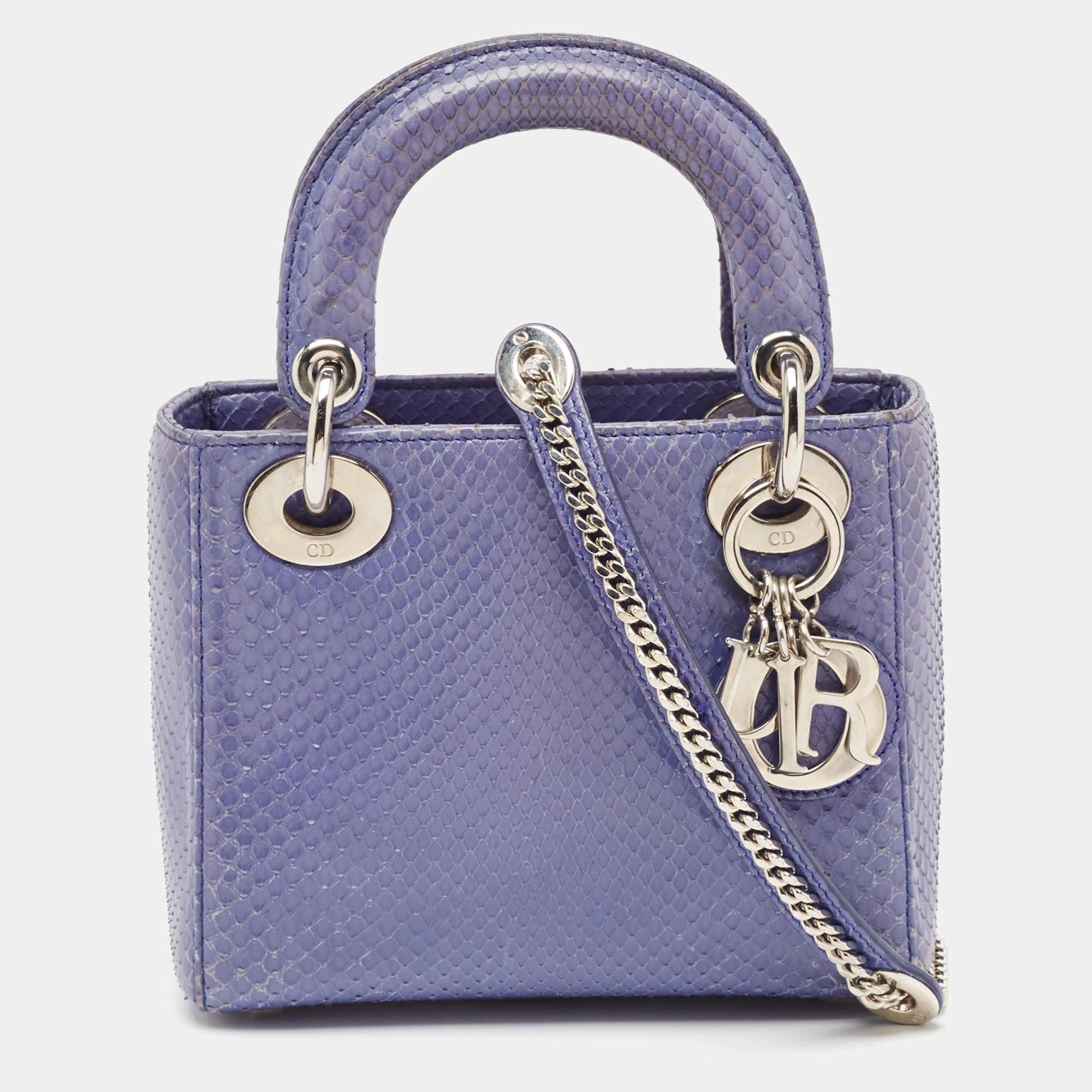 Pre Owned Dior Blue Python Mini Lady Dior Tote