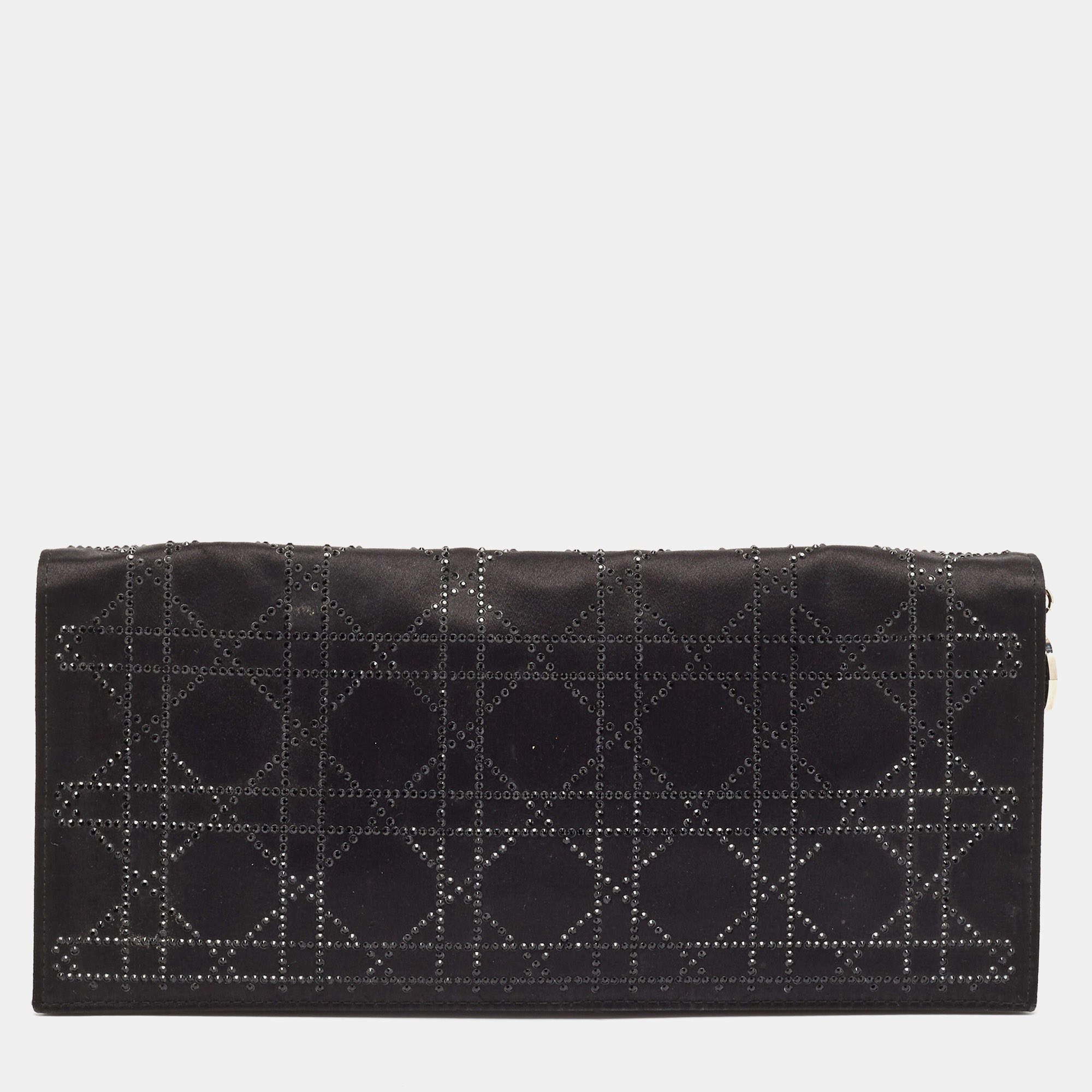 Pre Owned Dior Black Cannage Satin Crystal Embellished Flap Clutch