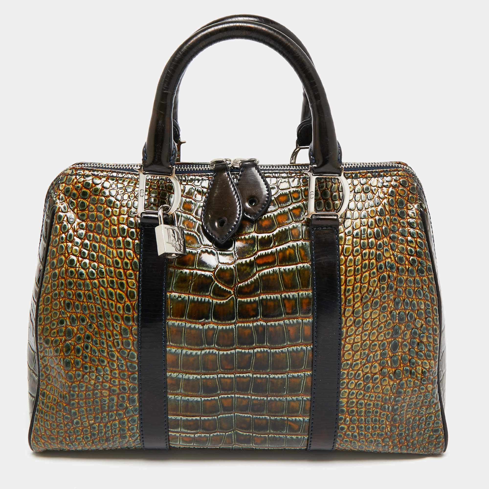 Dior Green/Black Crocodile Saddle Boston Bag
