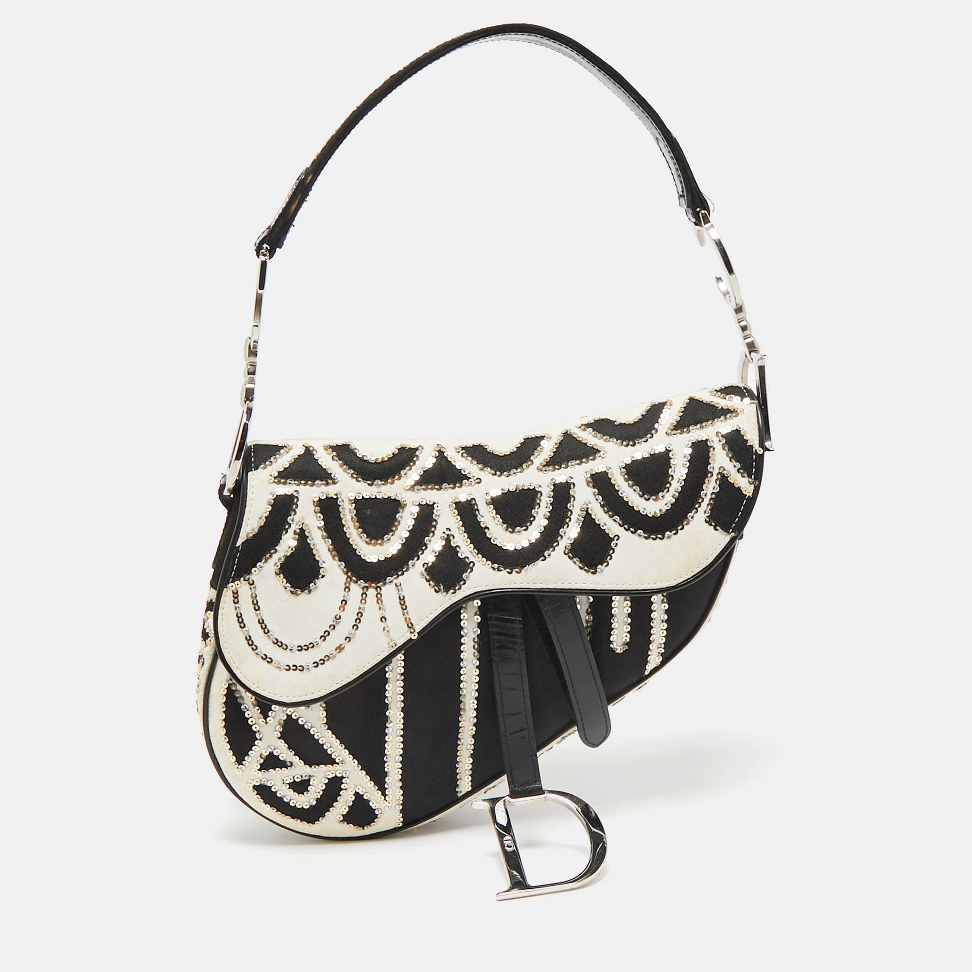 Dior Black/White Fabric and Sequins Saddle Bag