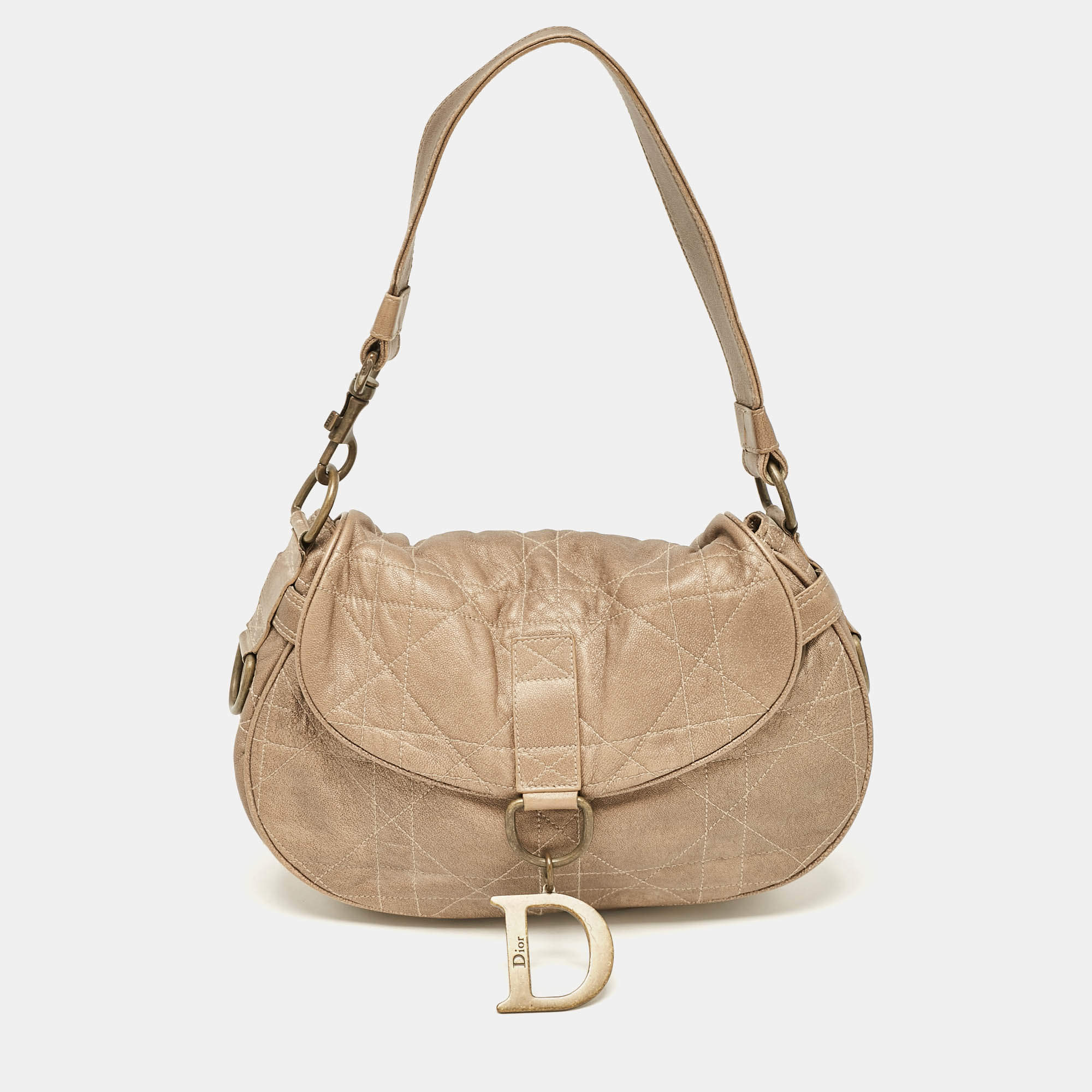 Pre Owned Dior Metallic Brown Cannage Leather D Ring Flap Hobo
