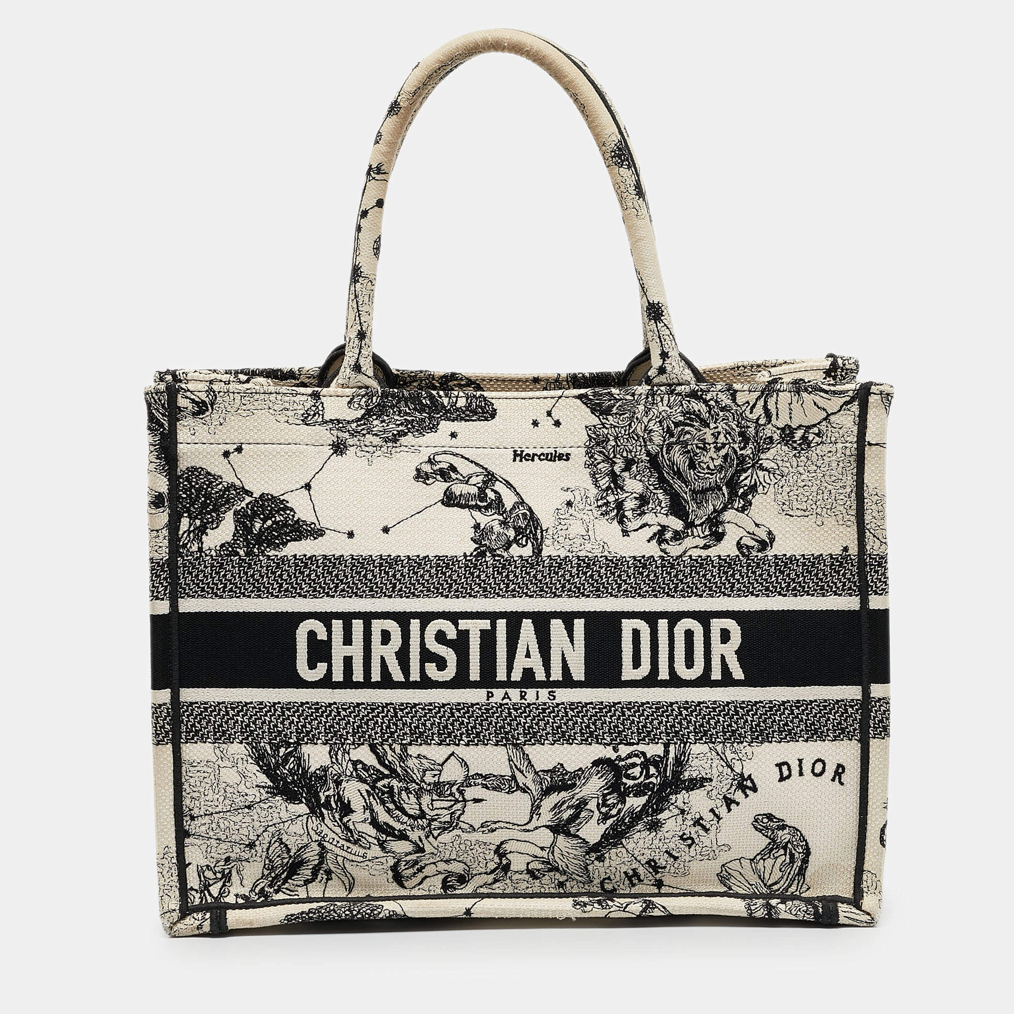 Pre Owned Dior Cream/Black Zodiac Embroidered Canvas Medium Book Tote 